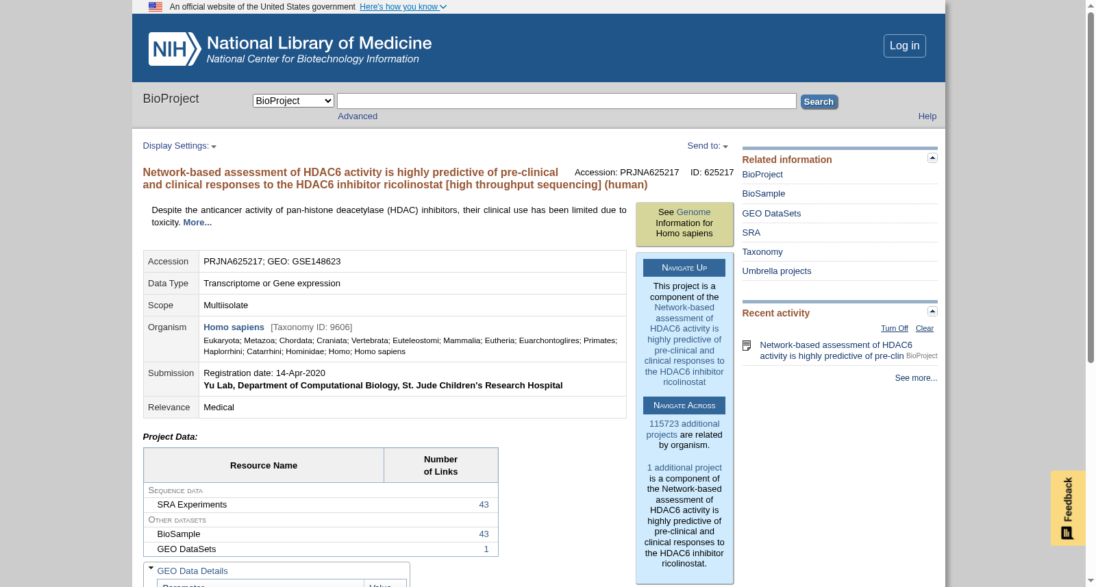 Network-based assessment of HDAC6 activity is highly predictive of pre-clinical and clinical responses to the HDAC6 inhibitor ricolinostat [high throughput sequencing]. Network-based assessment of HDAC6 activity is highly predictive of pre-clinical and clinical responses to the HDAC6 inhibitor ricolinostat [high throughput sequencing] 数据集图片