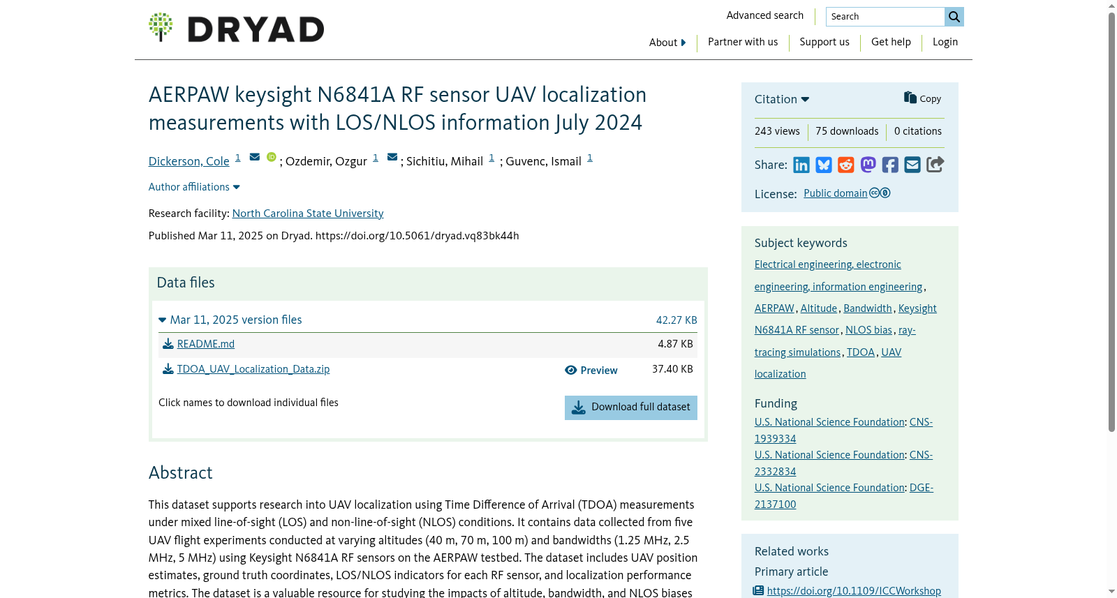 AERPAW keysight N6841A RF sensor UAV localization measurements with LOS/NLOS information July 2024 数据集图片