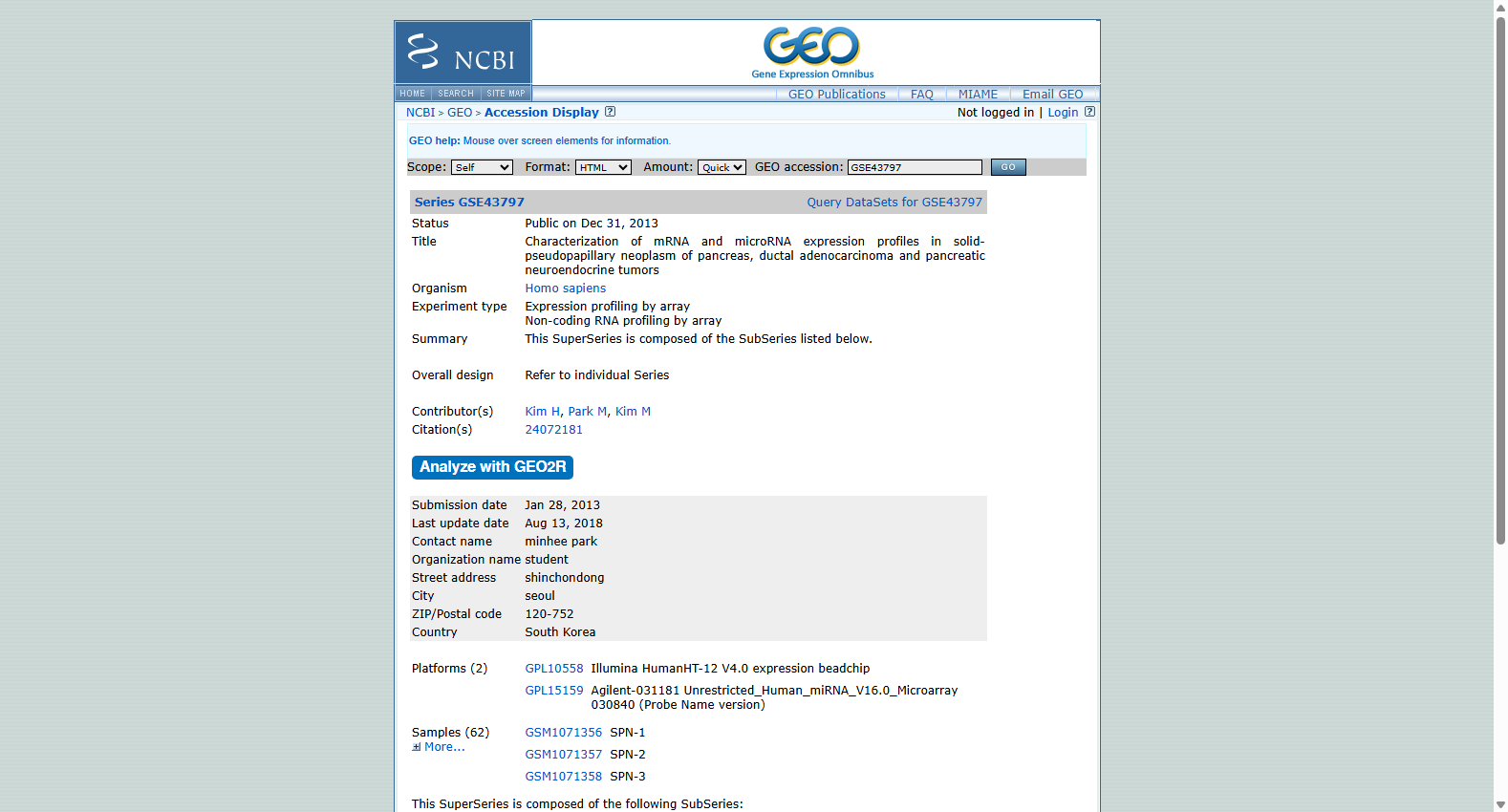 GSE43797 Pancreatic neuroendocrine tumor expression