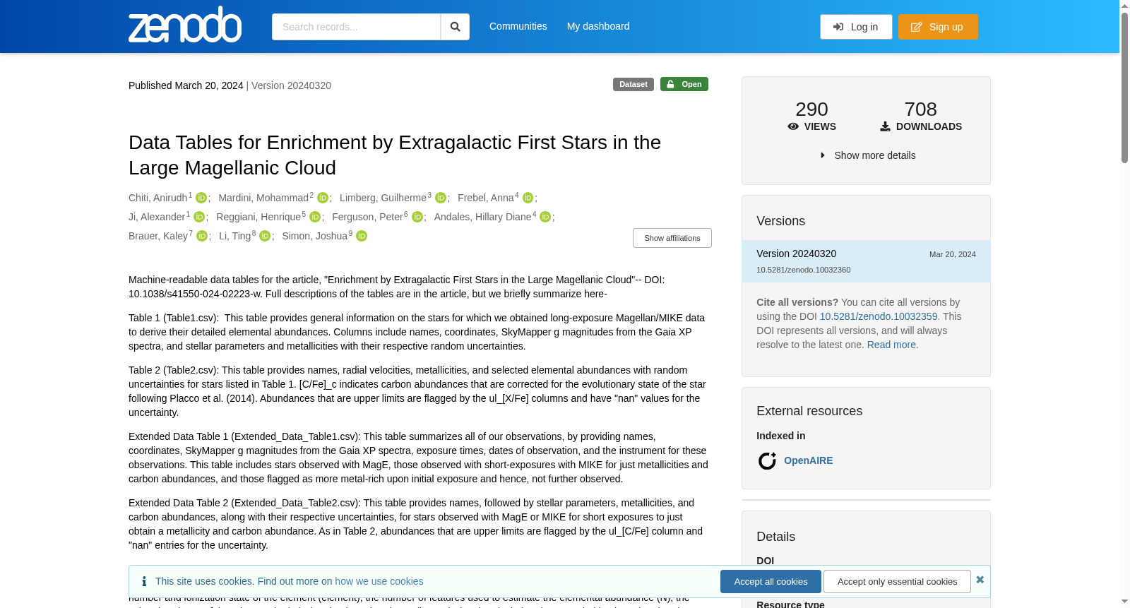 Data Tables for Enrichment by Extragalactic First Stars in the Large Magellanic Cloud 数据集图片