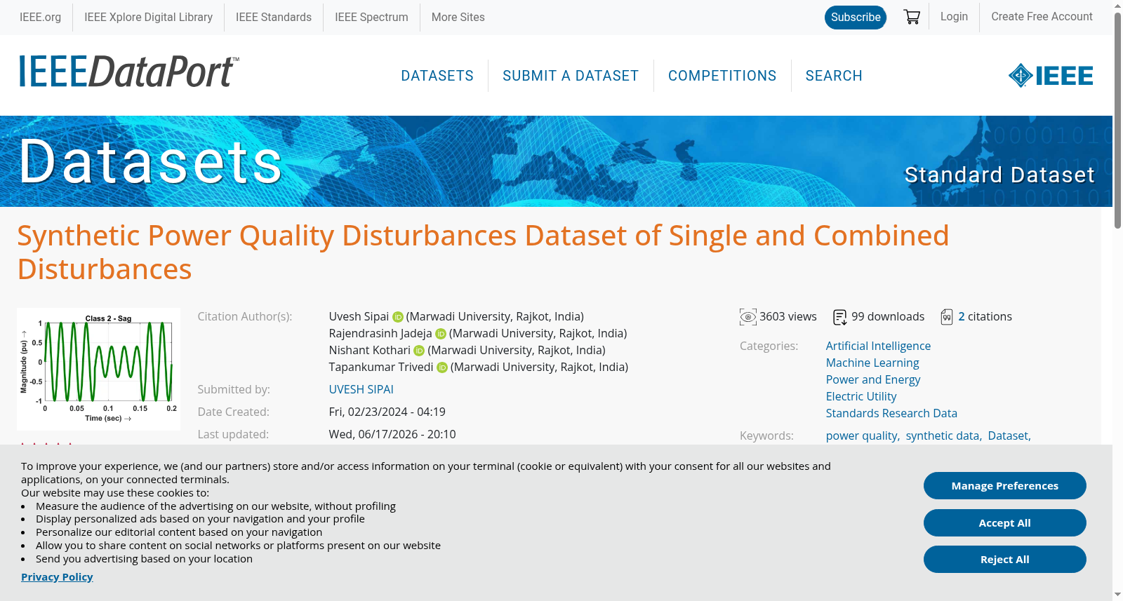 Synthetic Power Quality Disturbance (PQD) Dataset of Single and Combined Disturbances Generated in Accordance with IEEE 1159 Specifications 数据集图片