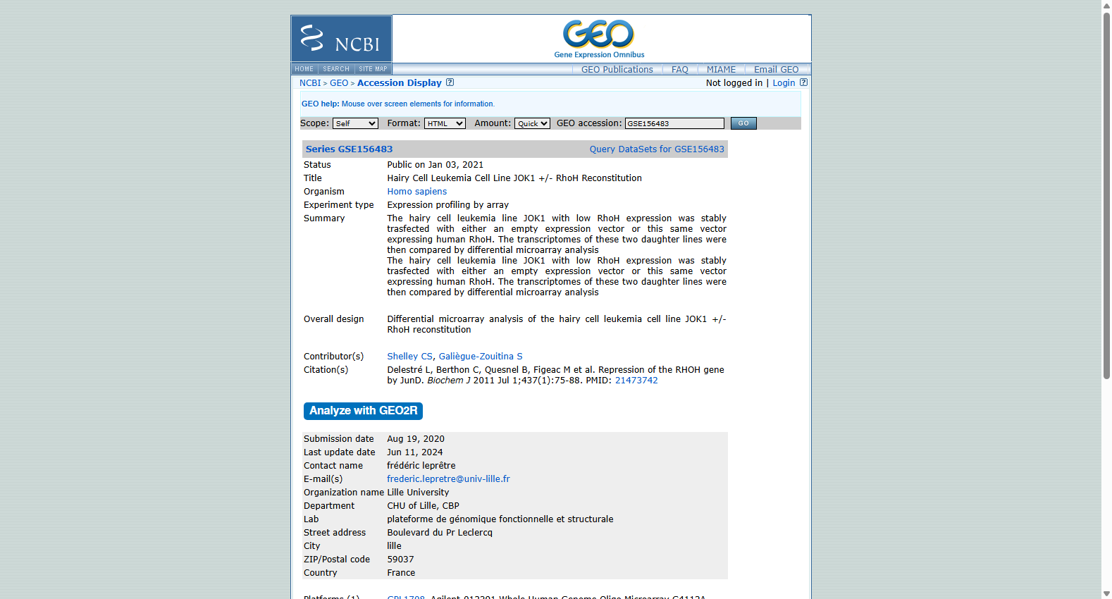 GSE156483 Hairy Cell Leukemia Cell Line JOK1 +/- RhoH Reconstitution