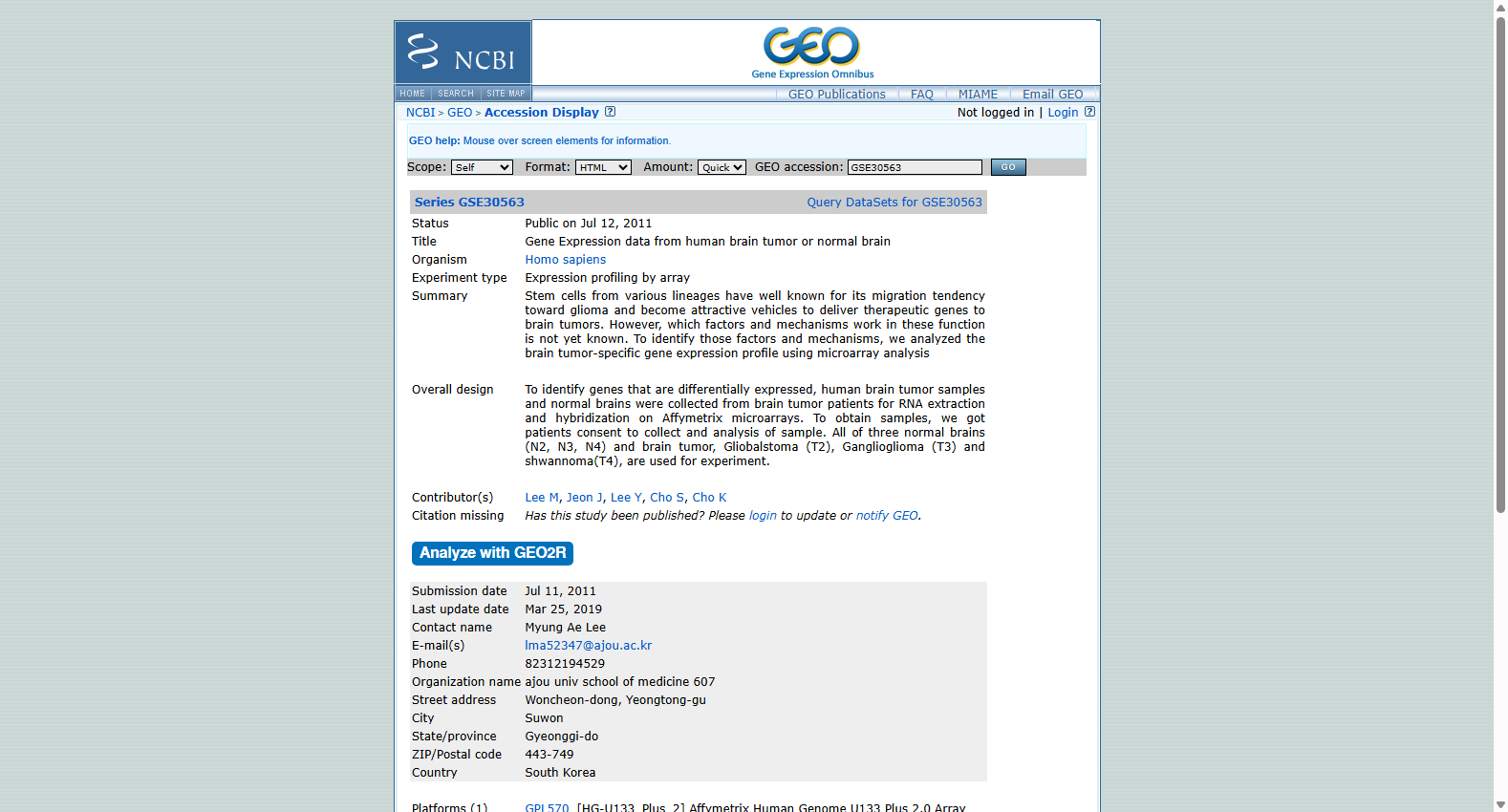 GSE30563 Human Brain Tumor Gene Expression Dataset