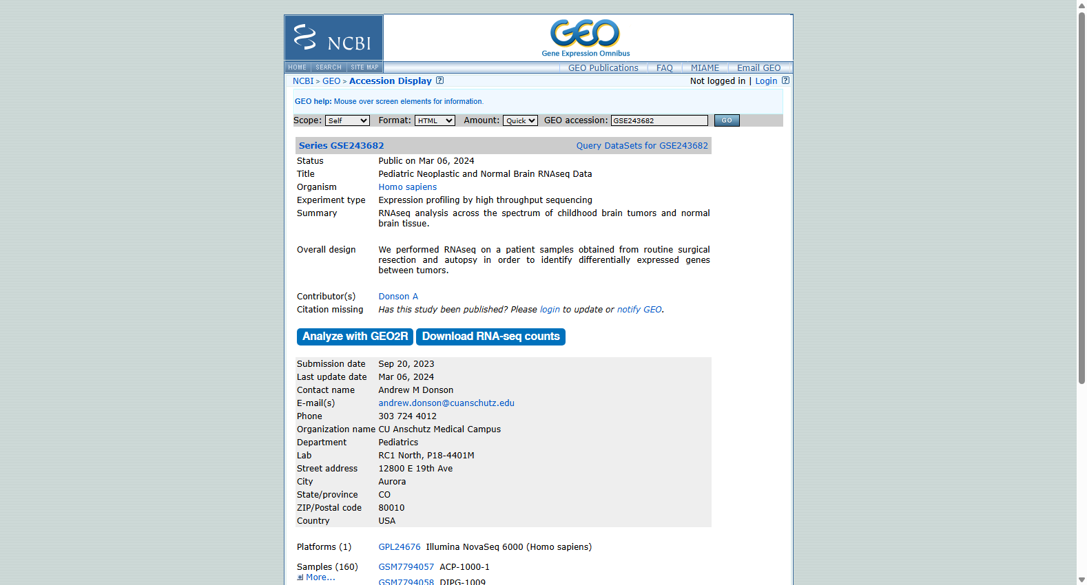 GSE243682 Pediatric Neoplastic and Normal Brain RNAseq Data