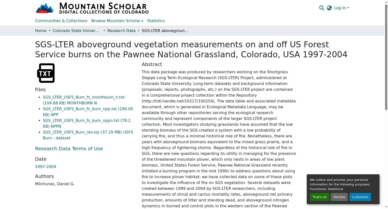 SGS-LTER aboveground vegetation measurements on and off US Forest Service burns on the Pawnee National Grassland, Colorado, USA 1997-2004 数据集图片