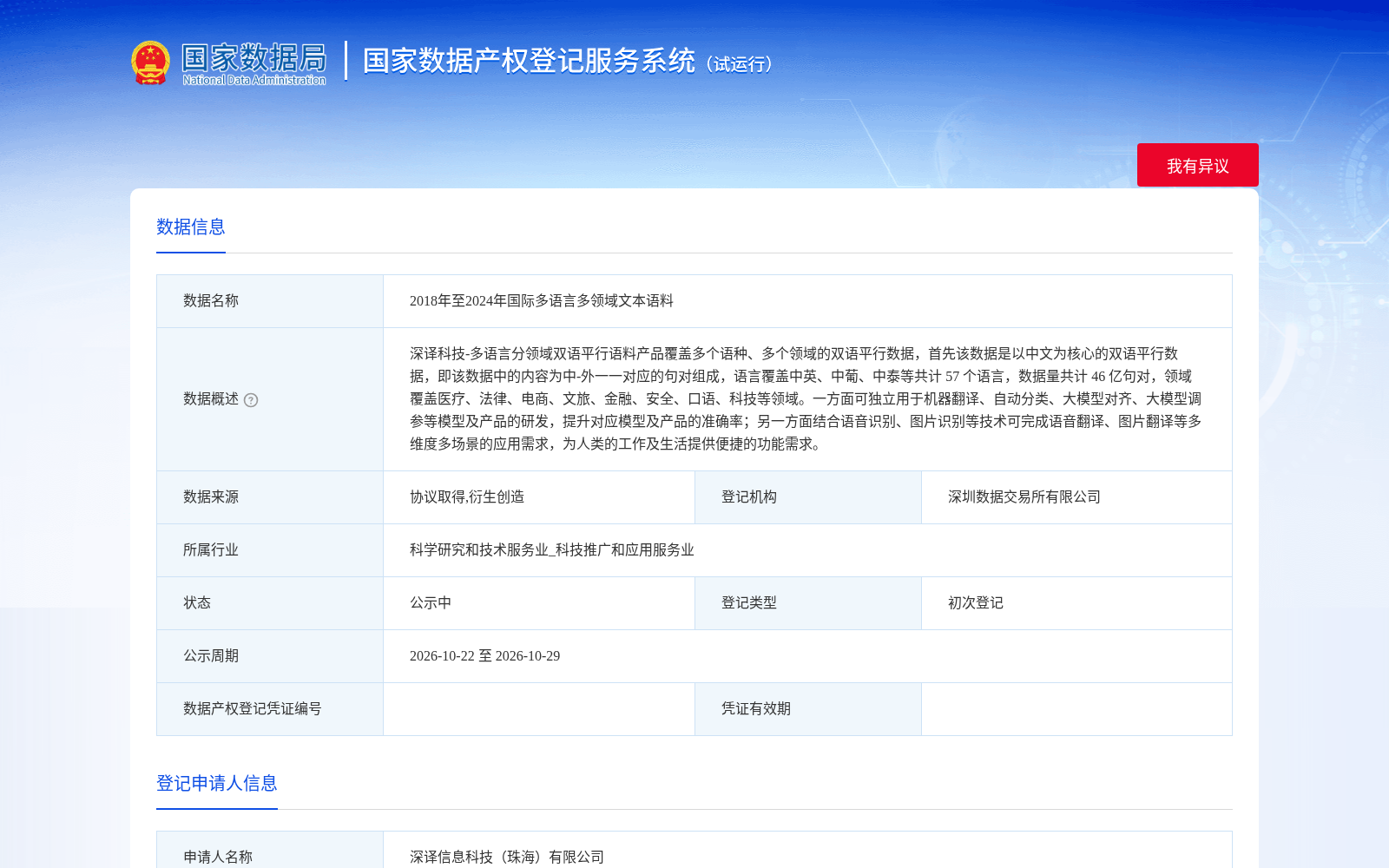 珠海深译科技46亿句对57语种多领域语料完成国家数据产权登记 赋能大模型/机器翻译核心场景
