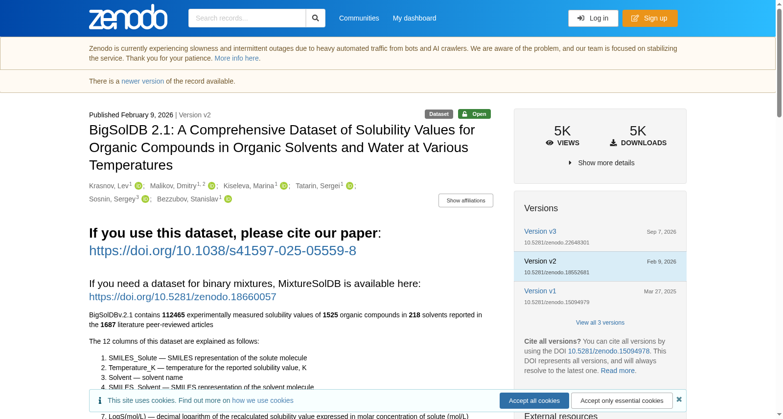 BigSolDB 2.1: A Comprehensive Dataset of Solubility Values for Organic Compounds in Organic Solvents and Water at Various Temperatures 数据集图片