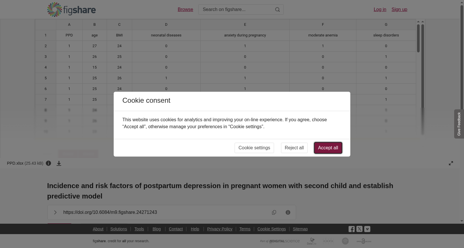 <b>Incidence and risk factors of </b><b>postpartum depression in pregnant women with second child and establish predictive model</b> 数据集图片