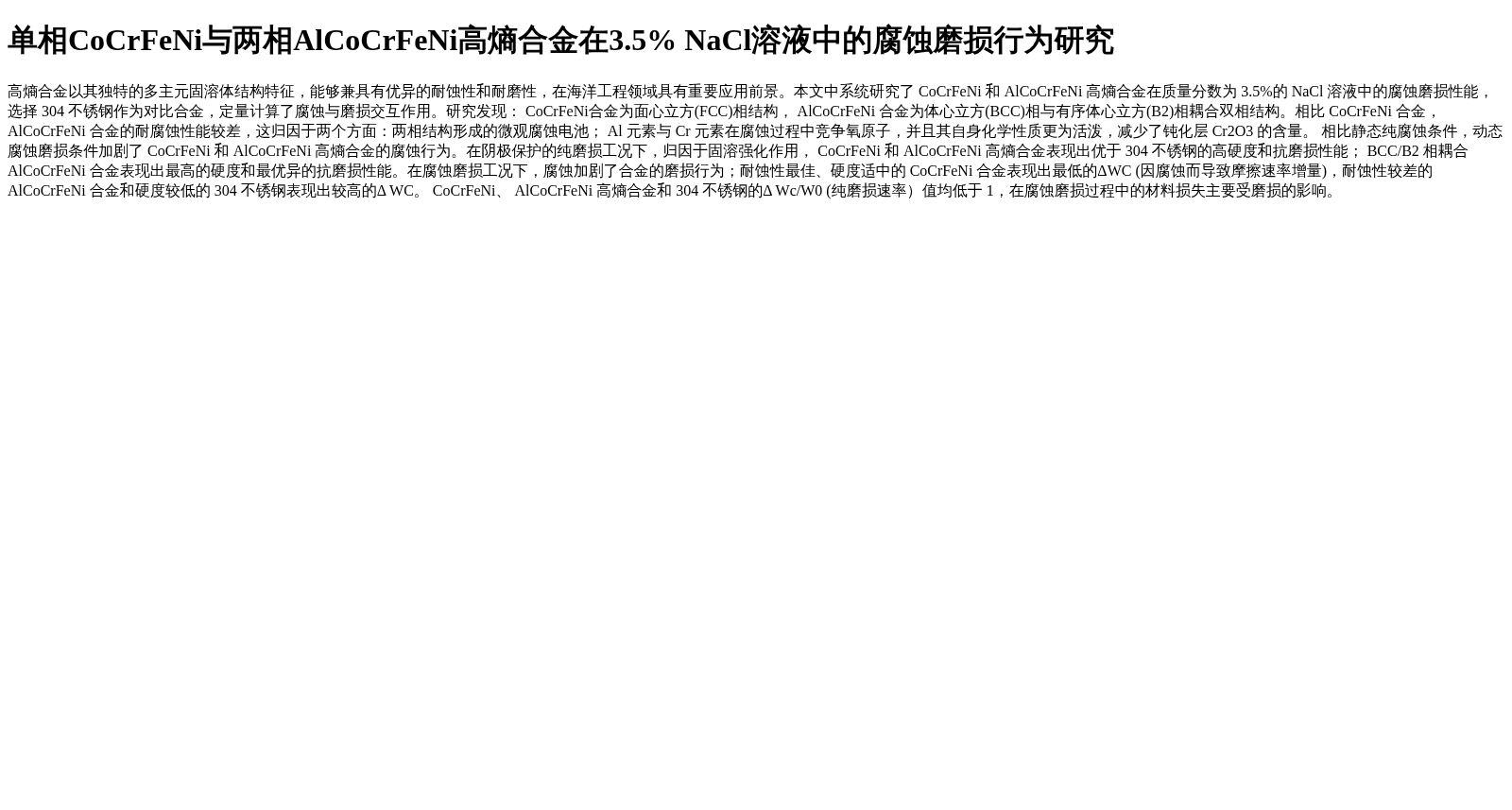 单相CoCrFeNi与两相AlCoCrFeNi高熵合金在3.5% NaCl溶液中的腐蚀磨损行为研究 数据集图片