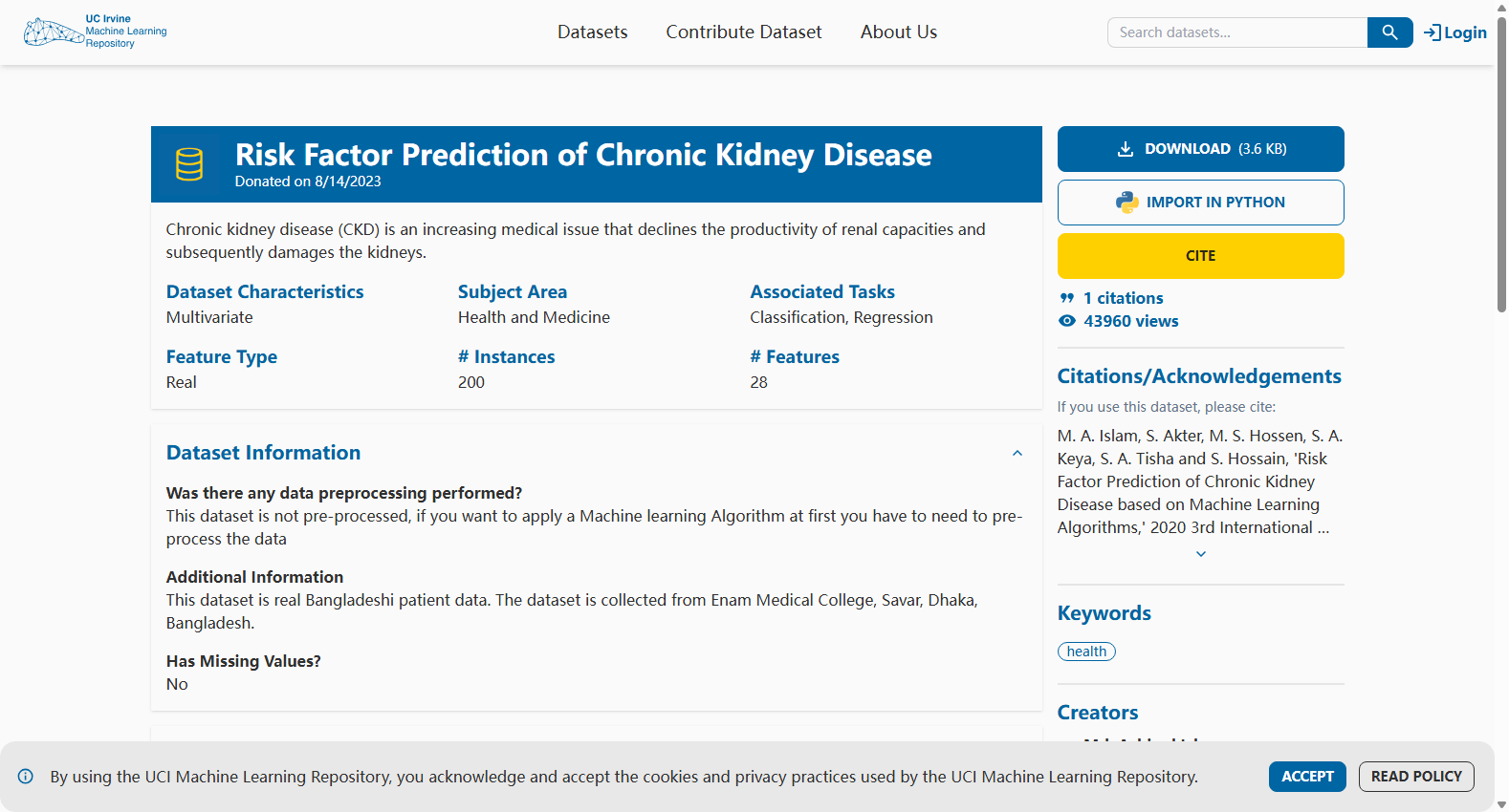 Risk Factor Prediction of Chronic Kidney Disease