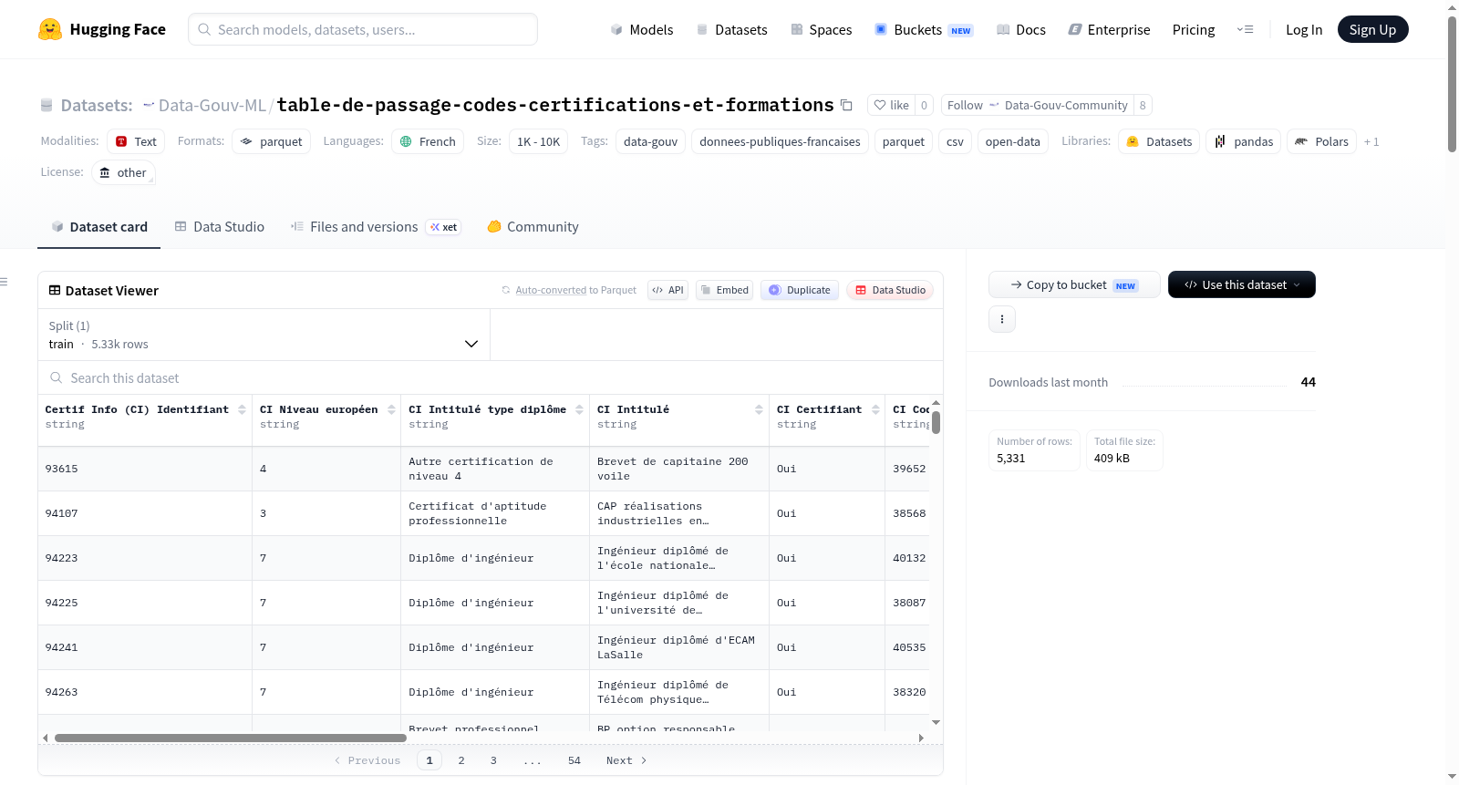 Data-Gouv-FR/table-de-passage-codes-certifications-et-formations 数据集图片