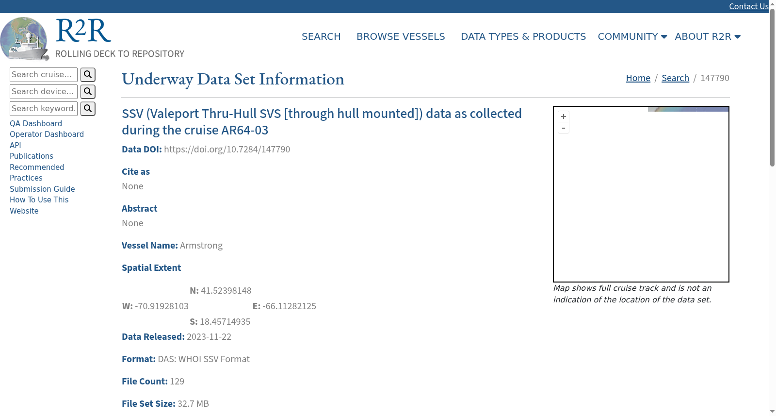 SSV (Sound Speed Velocimeter) data collected during research cruise AR64-03 using a Valeport Thru-Hull SVS instrument system onboard the platform RV Neil Armstrong 数据集图片