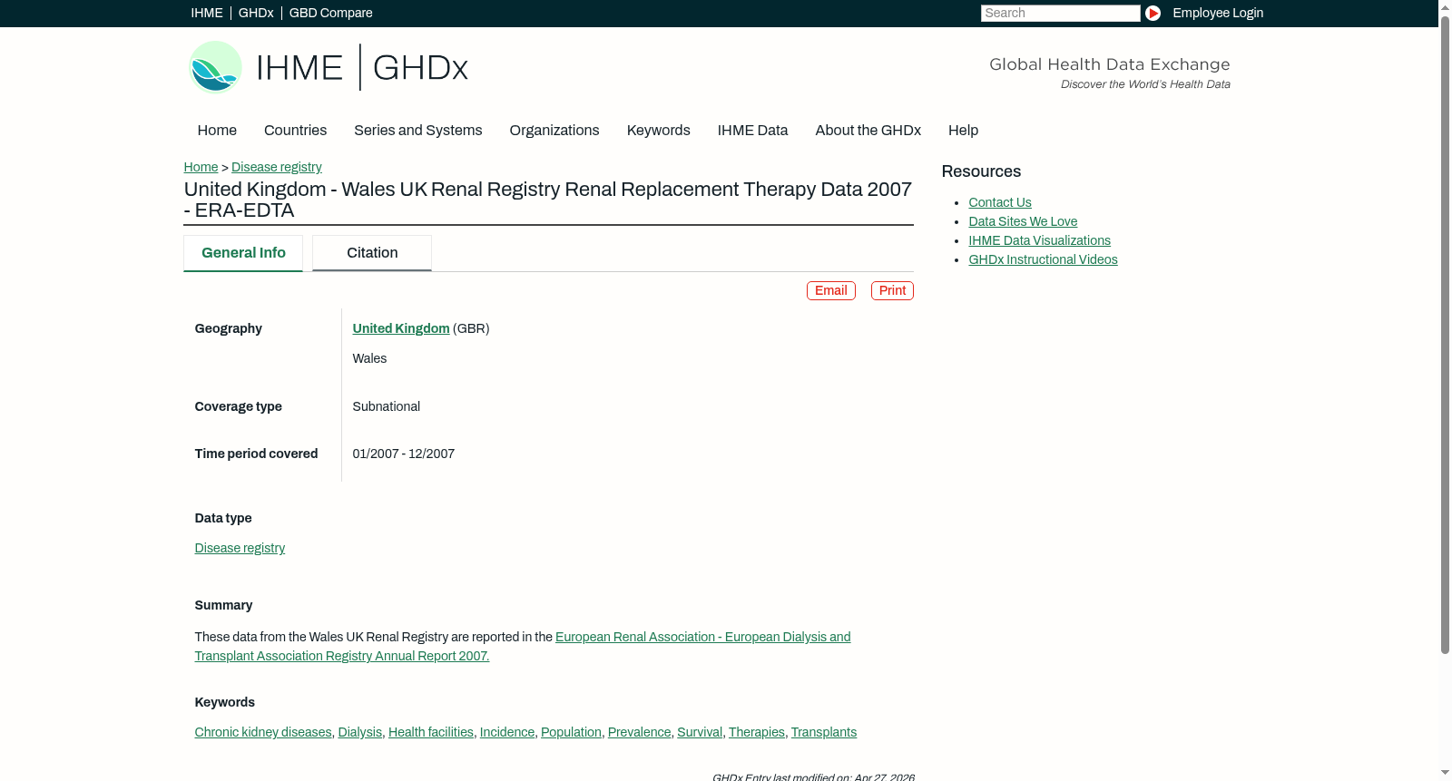 United Kingdom - Wales UK Renal Registry Renal Replacement Therapy Data 2007 - ERA-EDTA 数据集图片