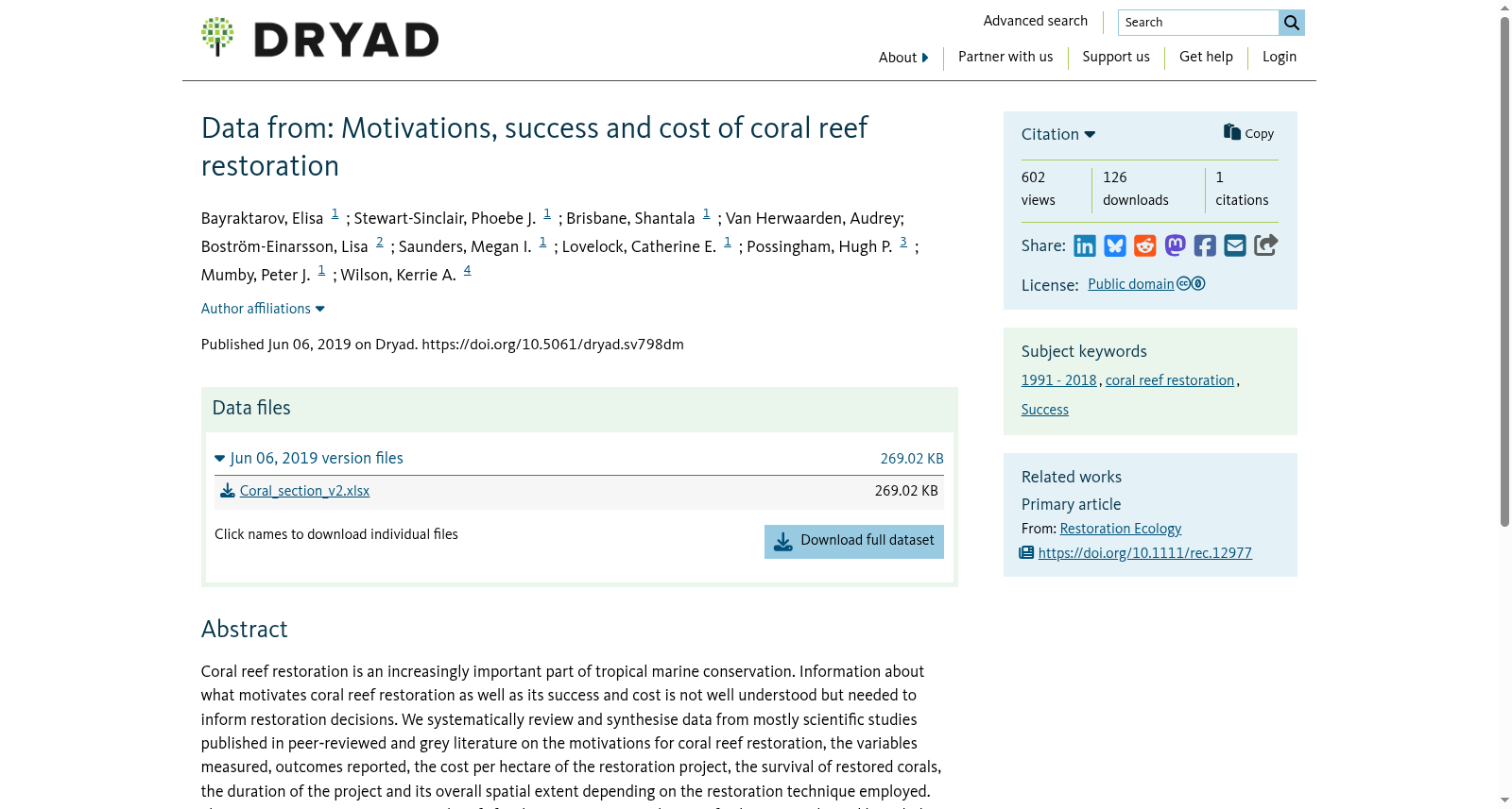 Data from: Motivations, success and cost of coral reef restoration 数据集图片