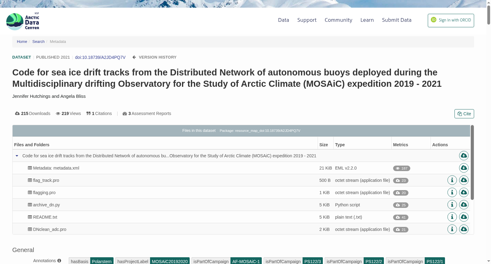 Code for sea ice drift tracks from the Distributed Network of autonomous buoys deployed during the Multidisciplinary drifting Observatory for the Study of Arctic Climate (MOSAiC) expedition 2019 - 2021 数据集图片