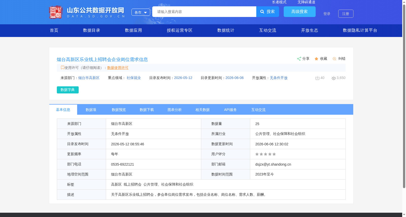 烟台高新区乐业线上招聘会企业岗位需求信息 数据集图片