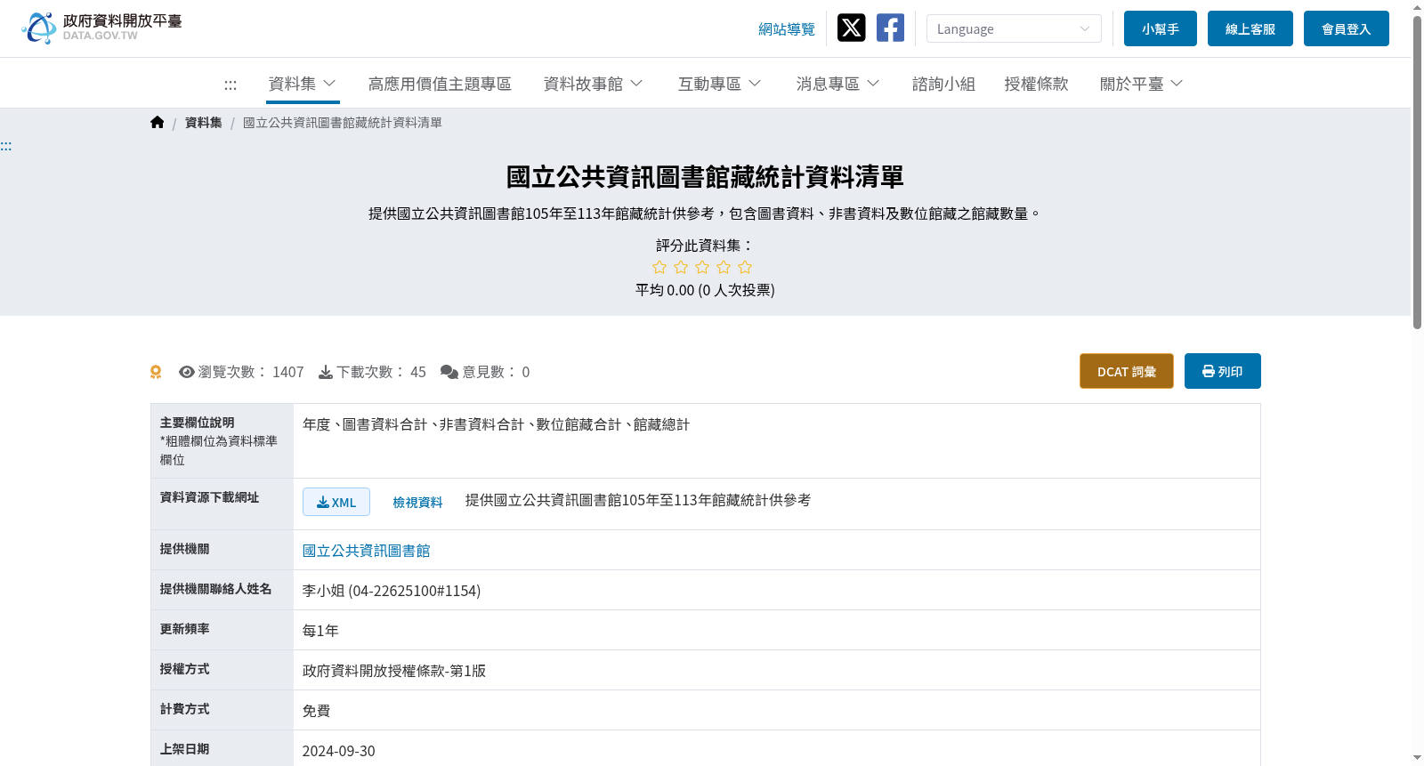 國立公共資訊圖書館藏統計資料清單 数据集图片