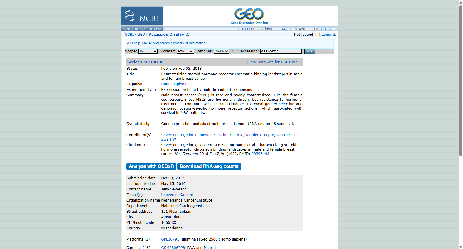 GSE104730 Male Breast Cancer RNA-seq Dataset