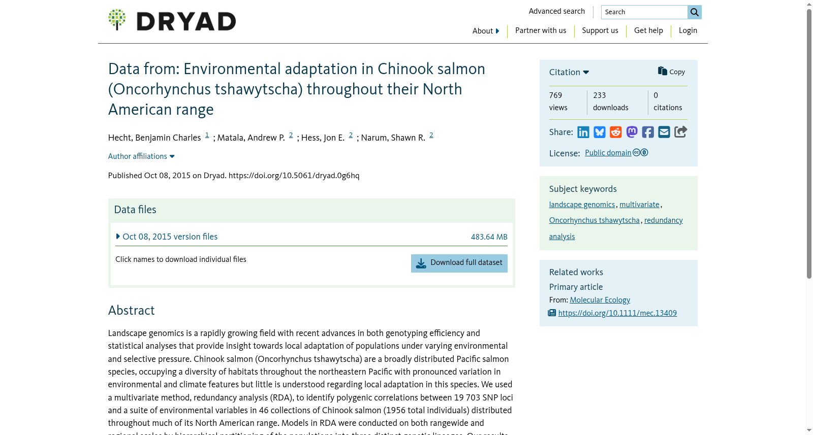 Data from: Environmental adaptation in Chinook salmon (Oncorhynchus tshawytscha) throughout their North American range 数据集图片