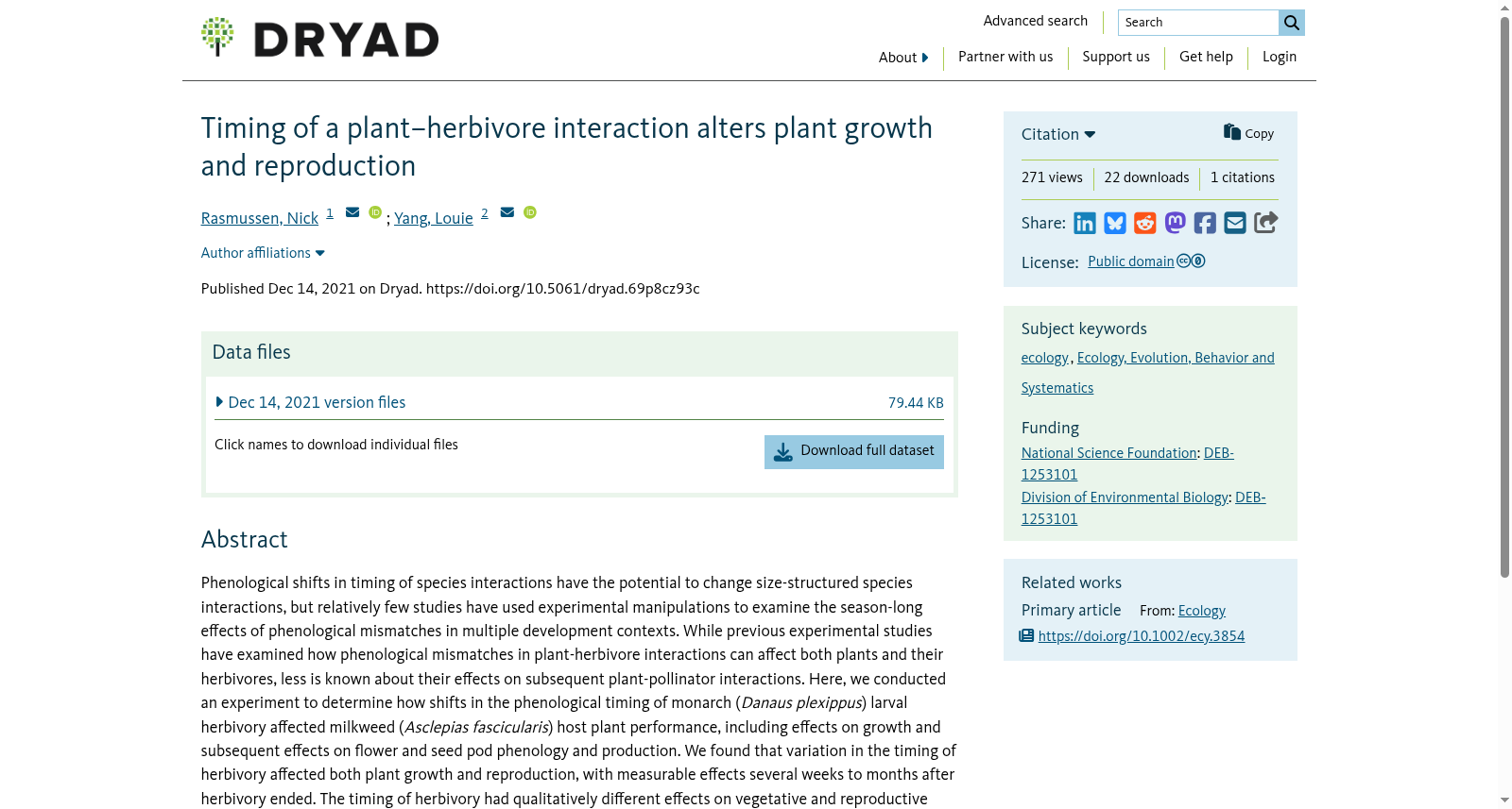 Timing of a plant–herbivore interaction alters plant growth and reproduction 数据集图片
