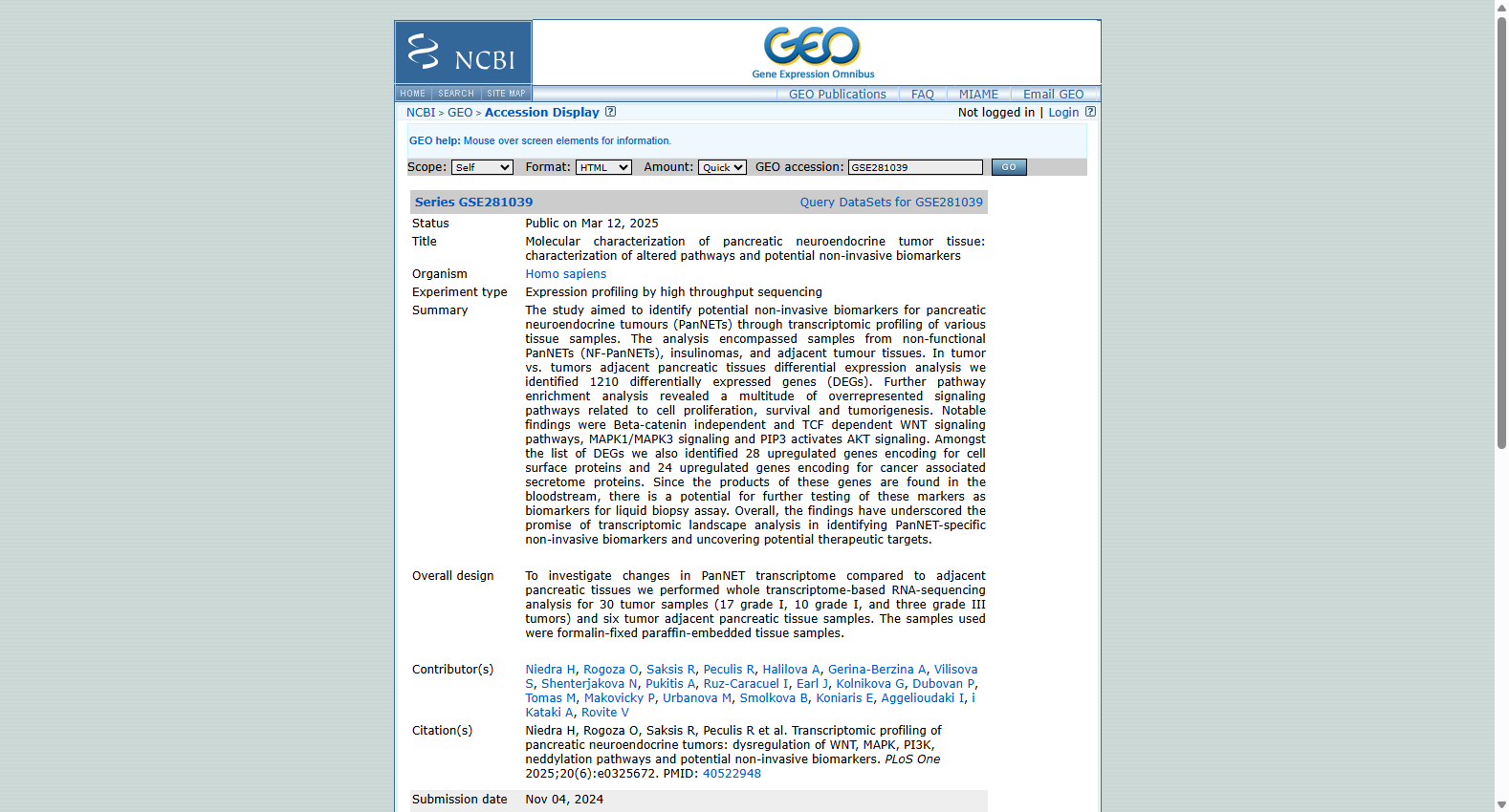 GSE281039 Transcriptomic Profiling of PanNETs
