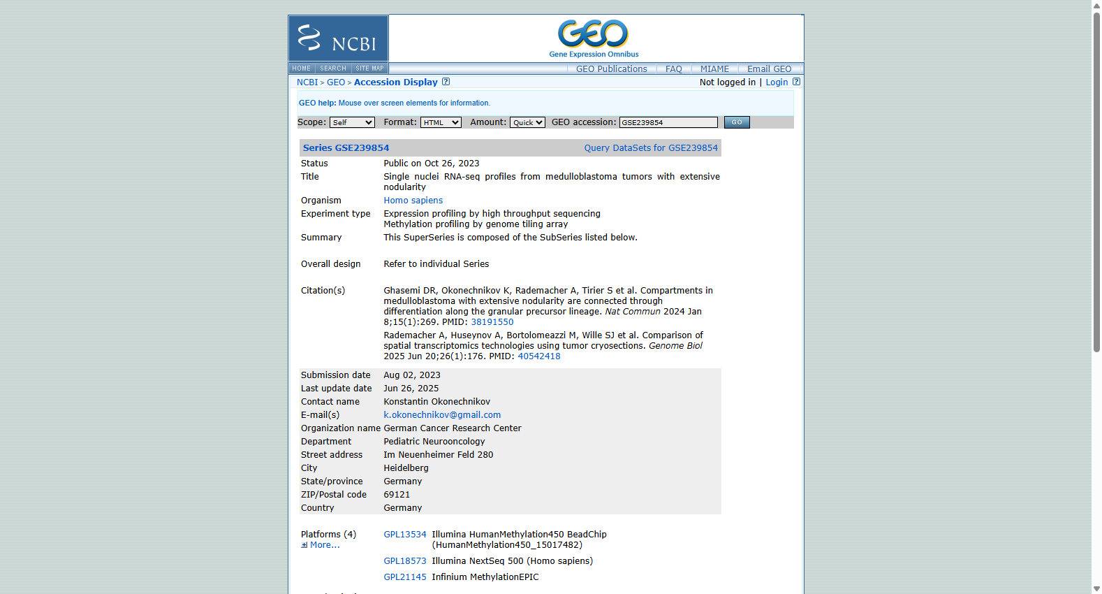 GSE239854 Single-nuclei RNA-seq Profiles from Medulloblastoma Tumors with Extensive Nodularity