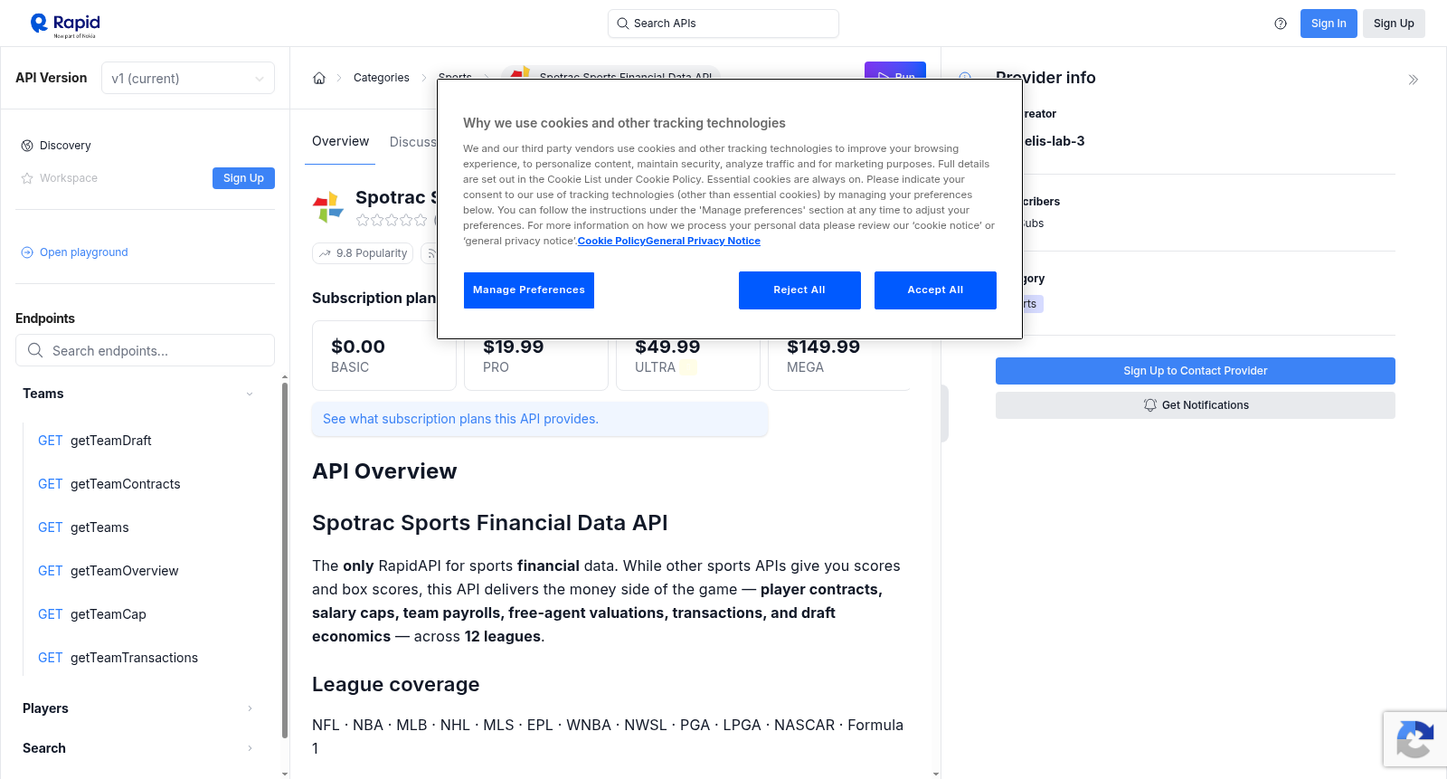 Spotrac Sports Financial Data API 数据集图片