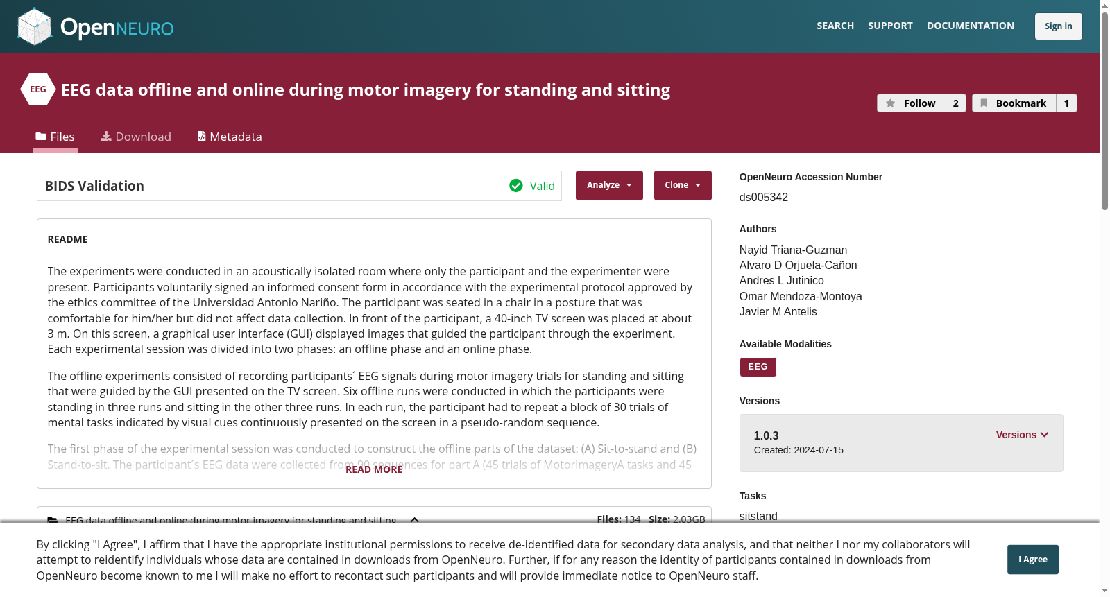 EEG data offline and online during motor imagery for standing and sitting 数据集图片