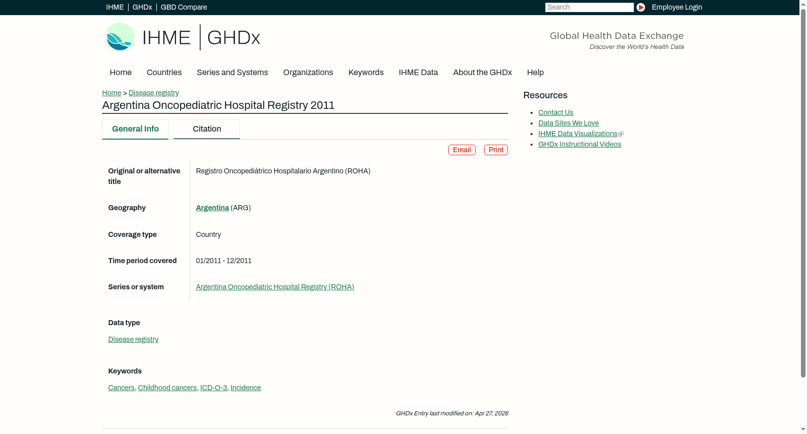 Argentina Oncopediatric Hospital Registry 2011 数据集图片