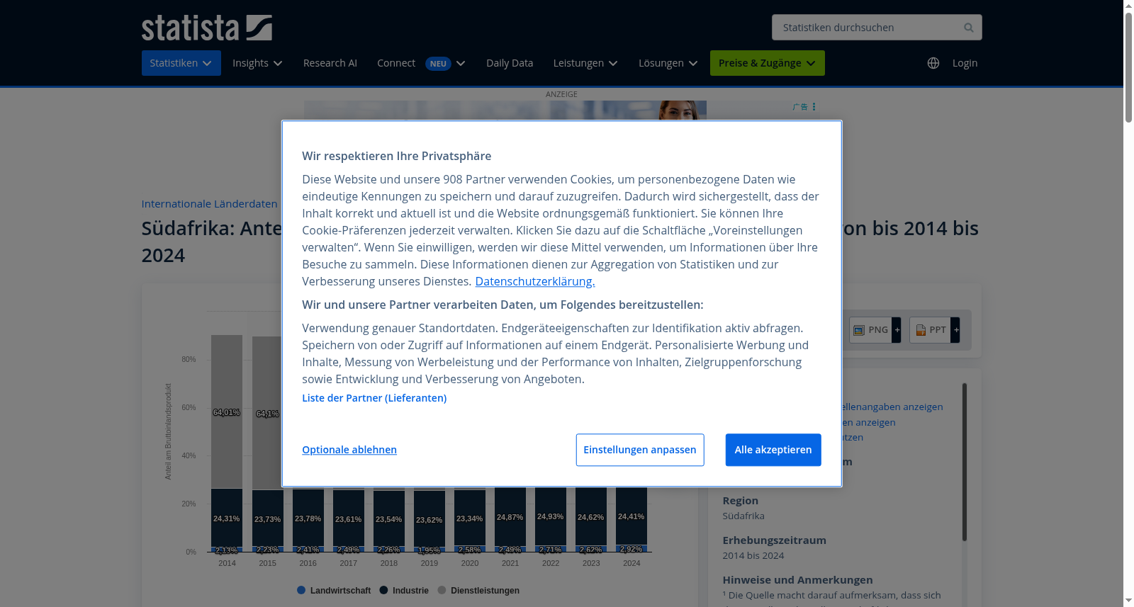 Anteile der Wirtschaftssektoren am Bruttoinlandsprodukt (BIP) von Südafrika bis 2023 数据集图片
