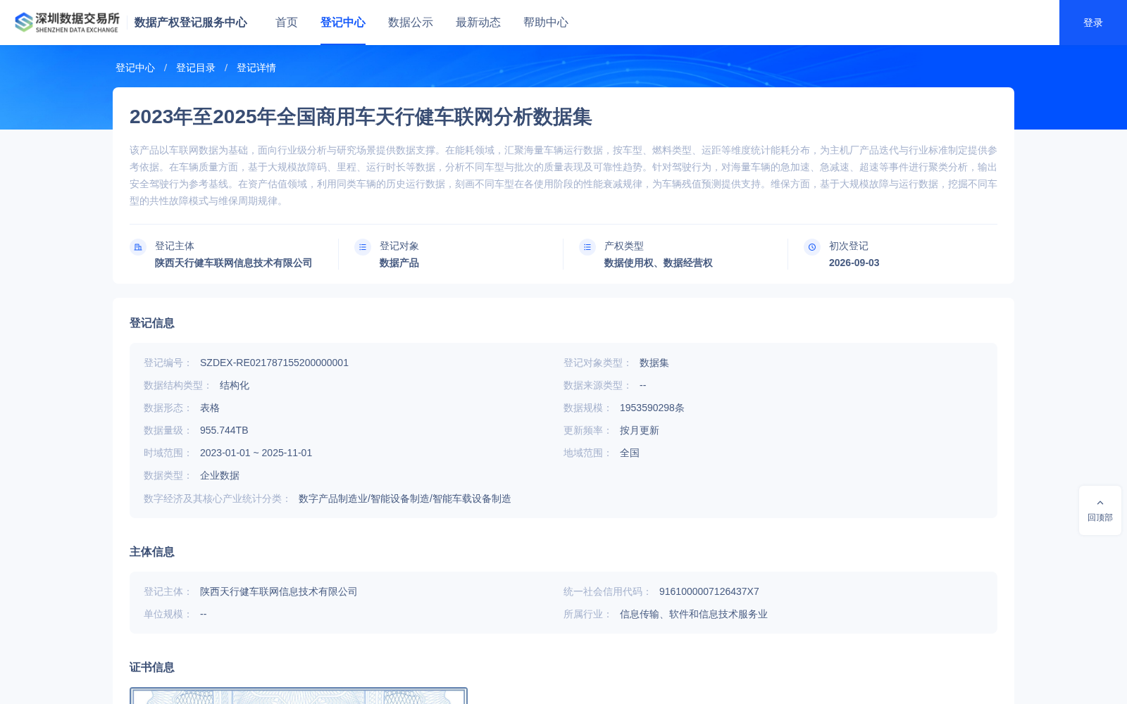 2023-2025年全国商用车天行健车联网分析数据集在深完成产权登记 覆盖多产业应用场景