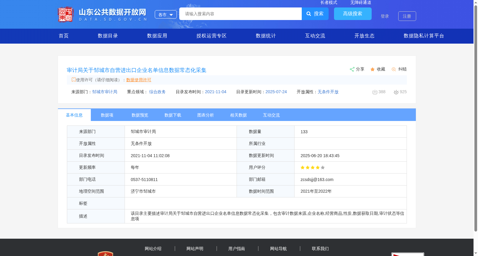 审计局关于邹城市自营进出口企业名单信息数据常态化采集 数据集图片