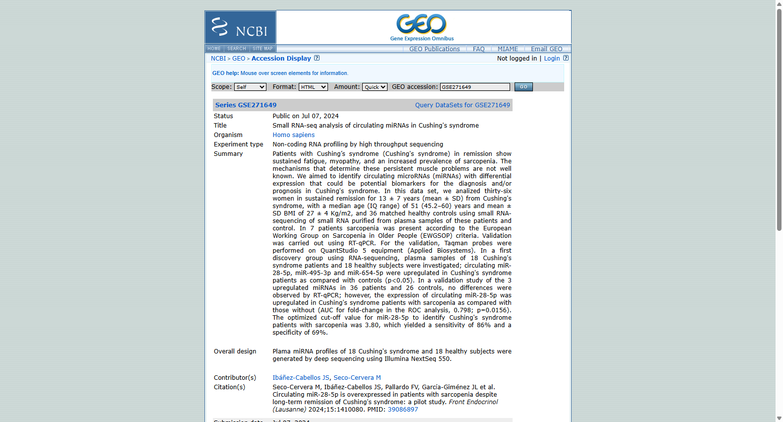 GSE271649 Cushing syndrome circulating miRNA