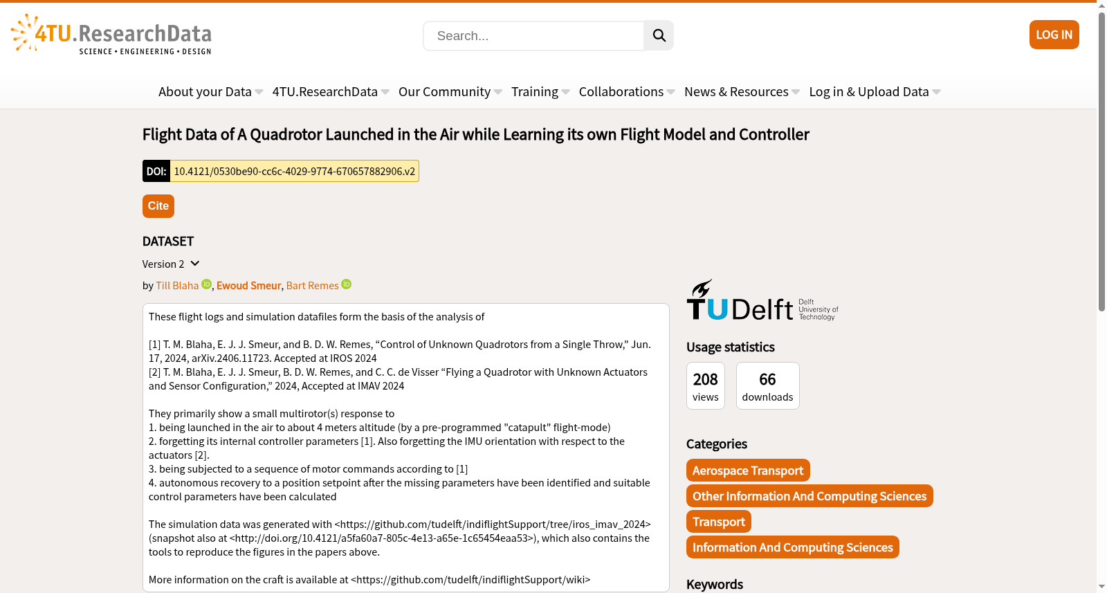 Flight Data of A Quadrotor Launched in the Air while Learning its own Flight Model and Controller 数据集图片