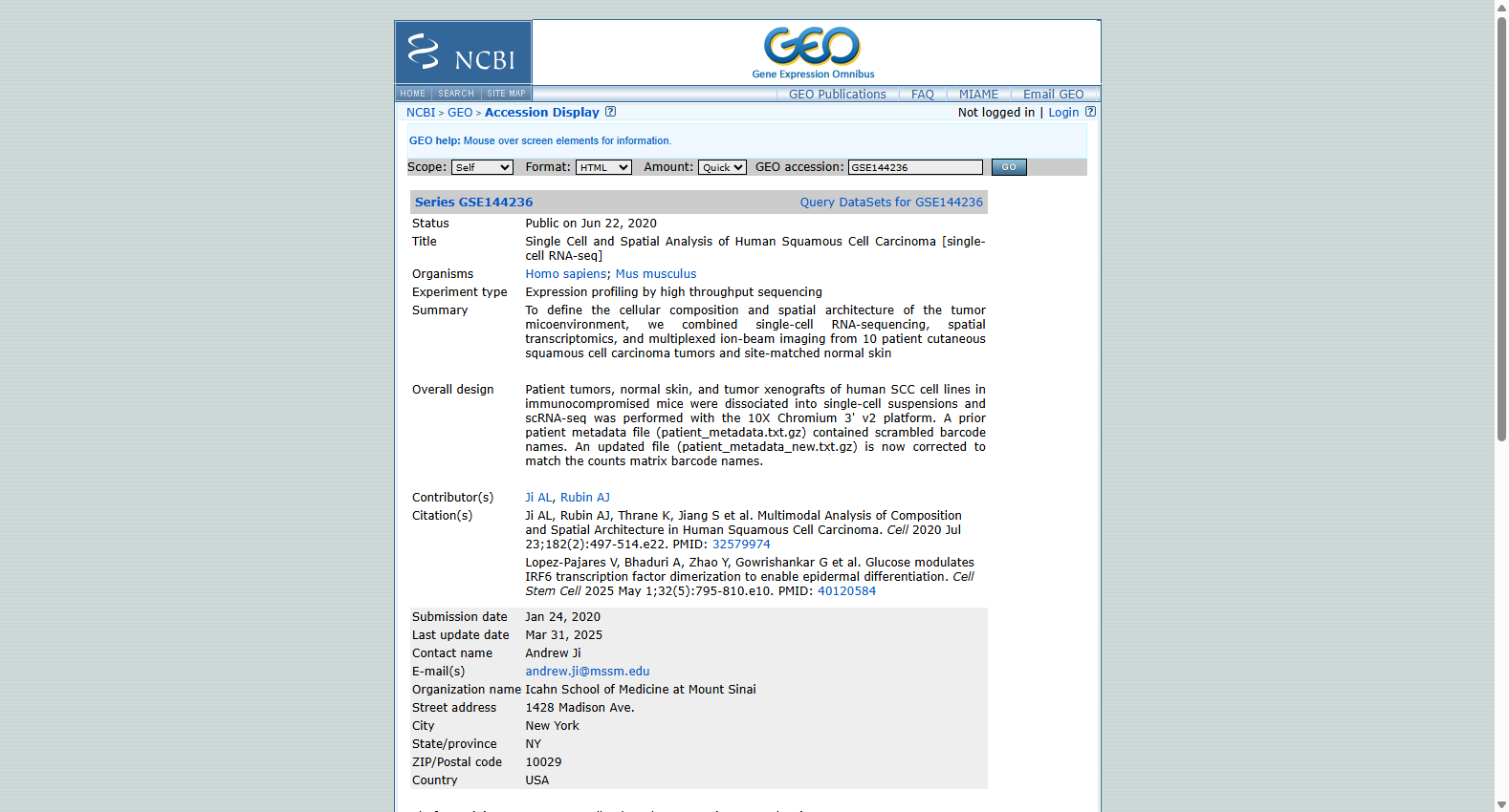 GSE144236 Single Cell and Spatial Analysis of Human Squamous Cell Carcinoma