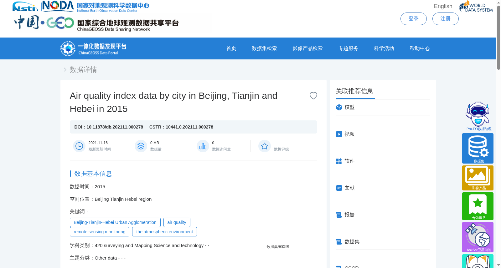 2015年京津冀分市空气质量指数数据 数据集图片