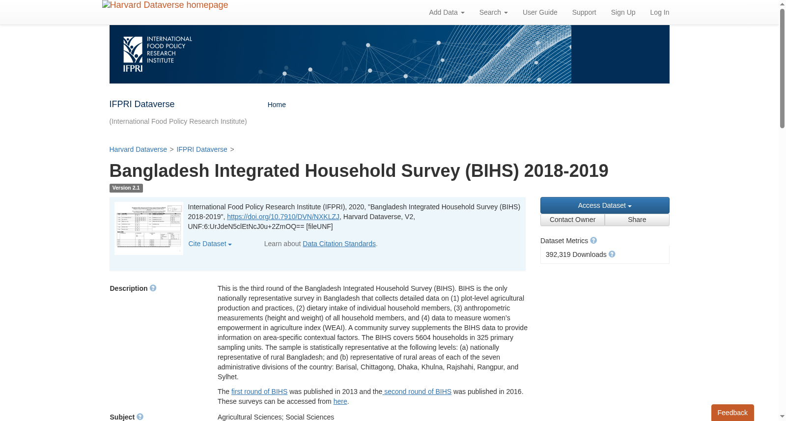 Bangladesh Integrated Household Survey (BIHS) 2018-2019 数据集图片