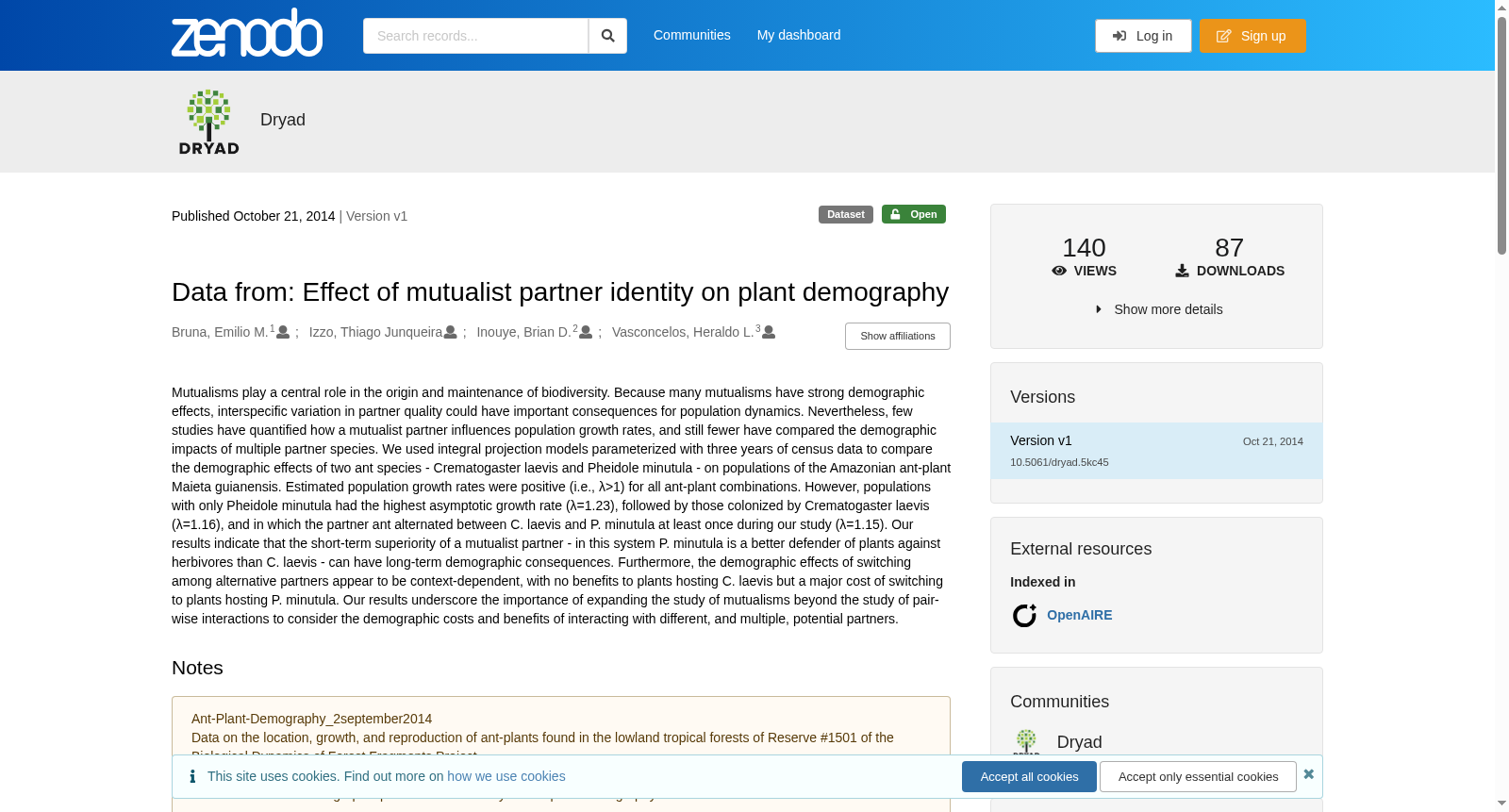 Data from: Effect of mutualist partner identity on plant demography 数据集图片