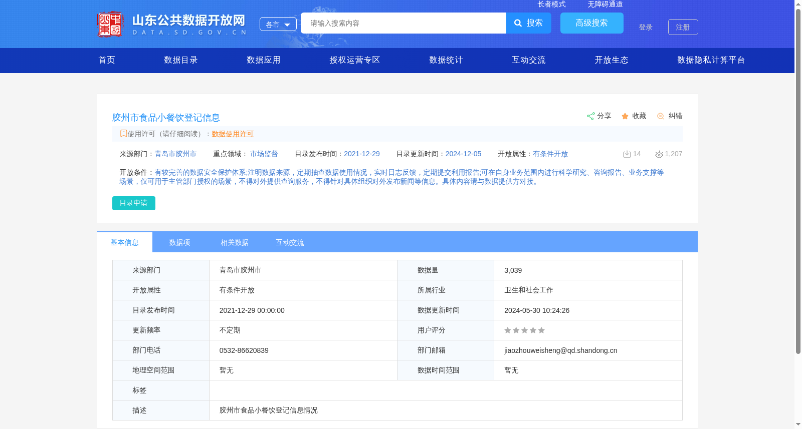 胶州市食品小餐饮登记信息 数据集图片