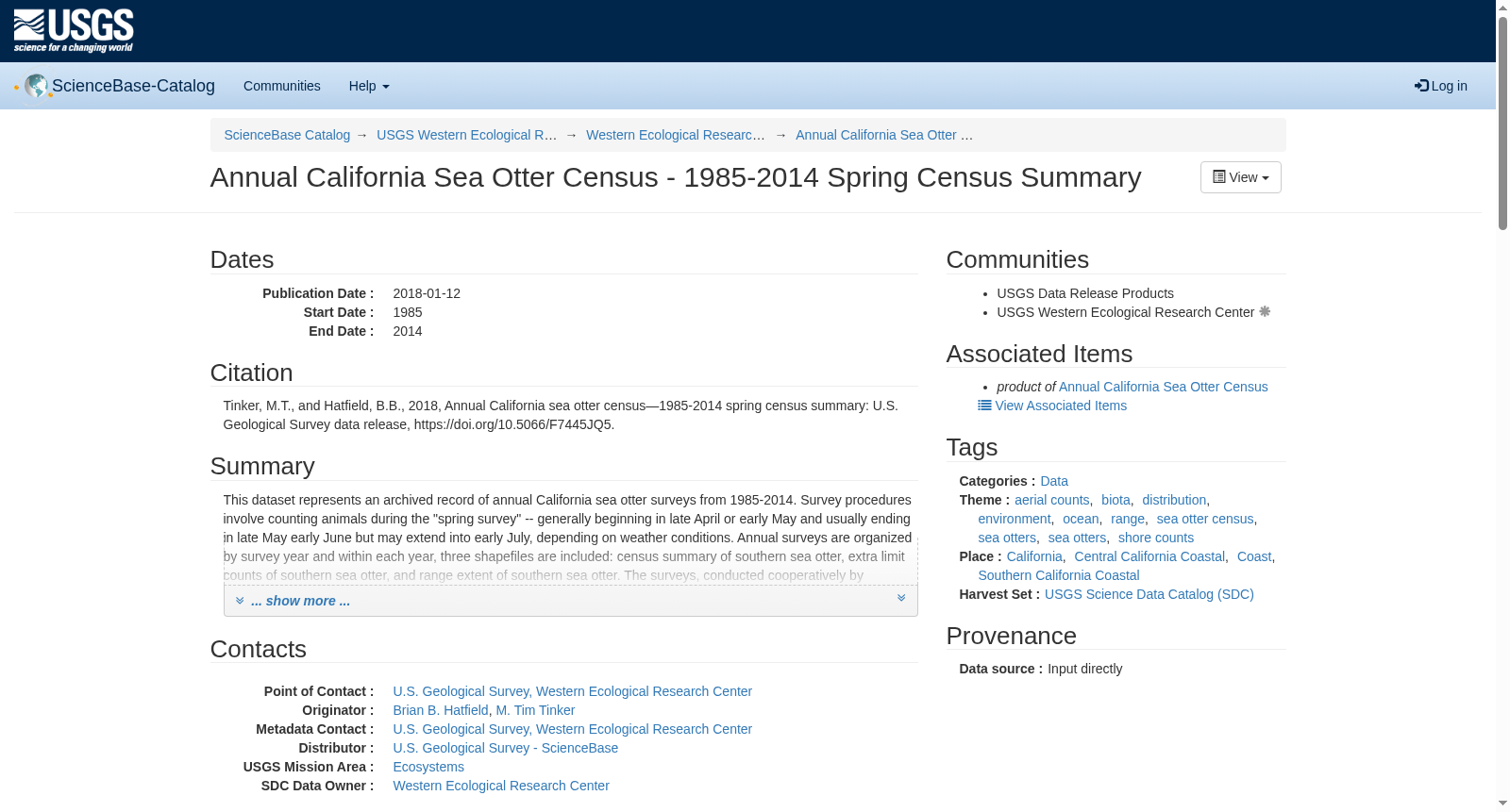 Annual California Sea Otter Census-1985-2014 Spring Census Summary 数据集图片