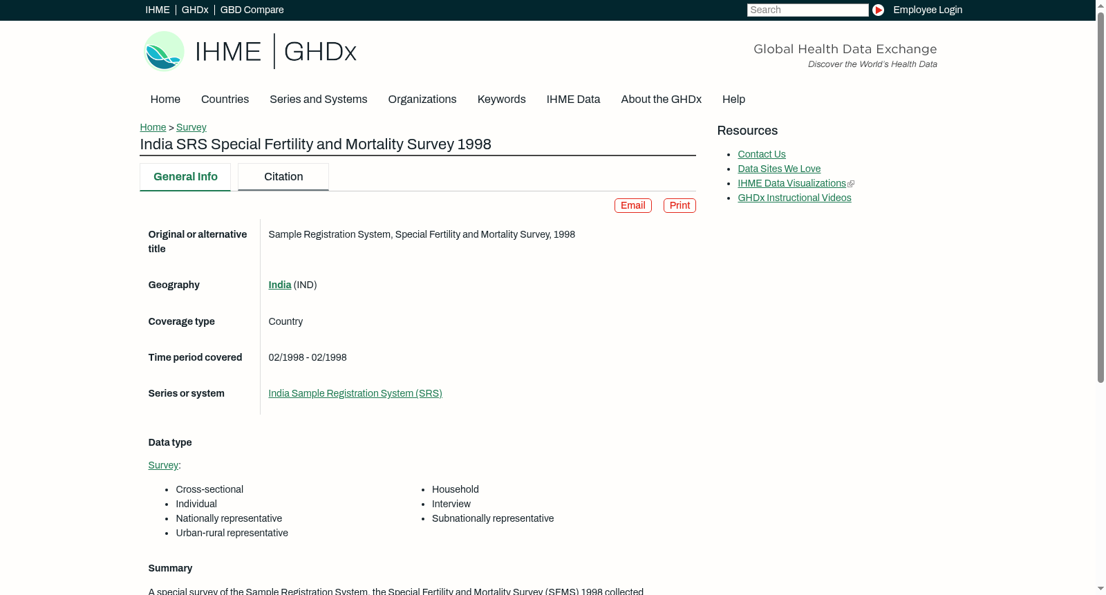 India SRS Special Fertility and Mortality Survey 1998 数据集图片