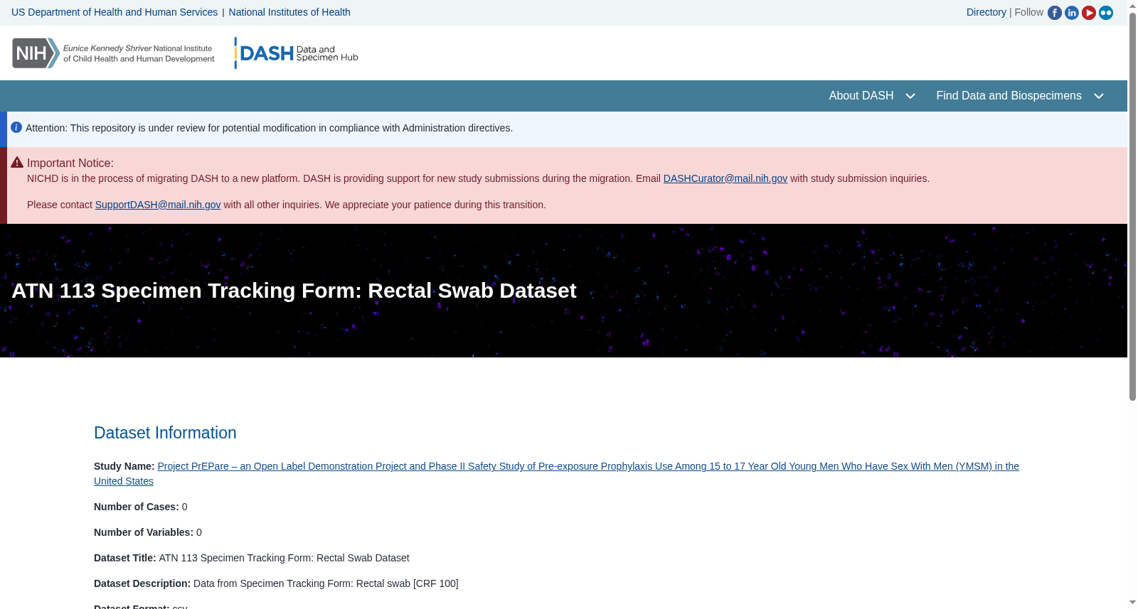ATN 113 Specimen Tracking Form: Rectal Swab Dataset in Project PrEPare – an Open Label Demonstration Project and Phase II Safety Study of Pre-exposure Prophylaxis Use Among 15 to 17 Year Old Young Men Who Have Sex With Men (YMSM) in the United States 数据集图片