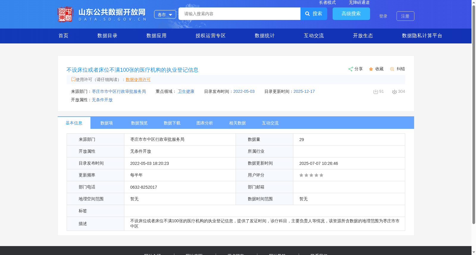 不设床位或者床位不满100张的医疗机构的执业登记信息 数据集图片