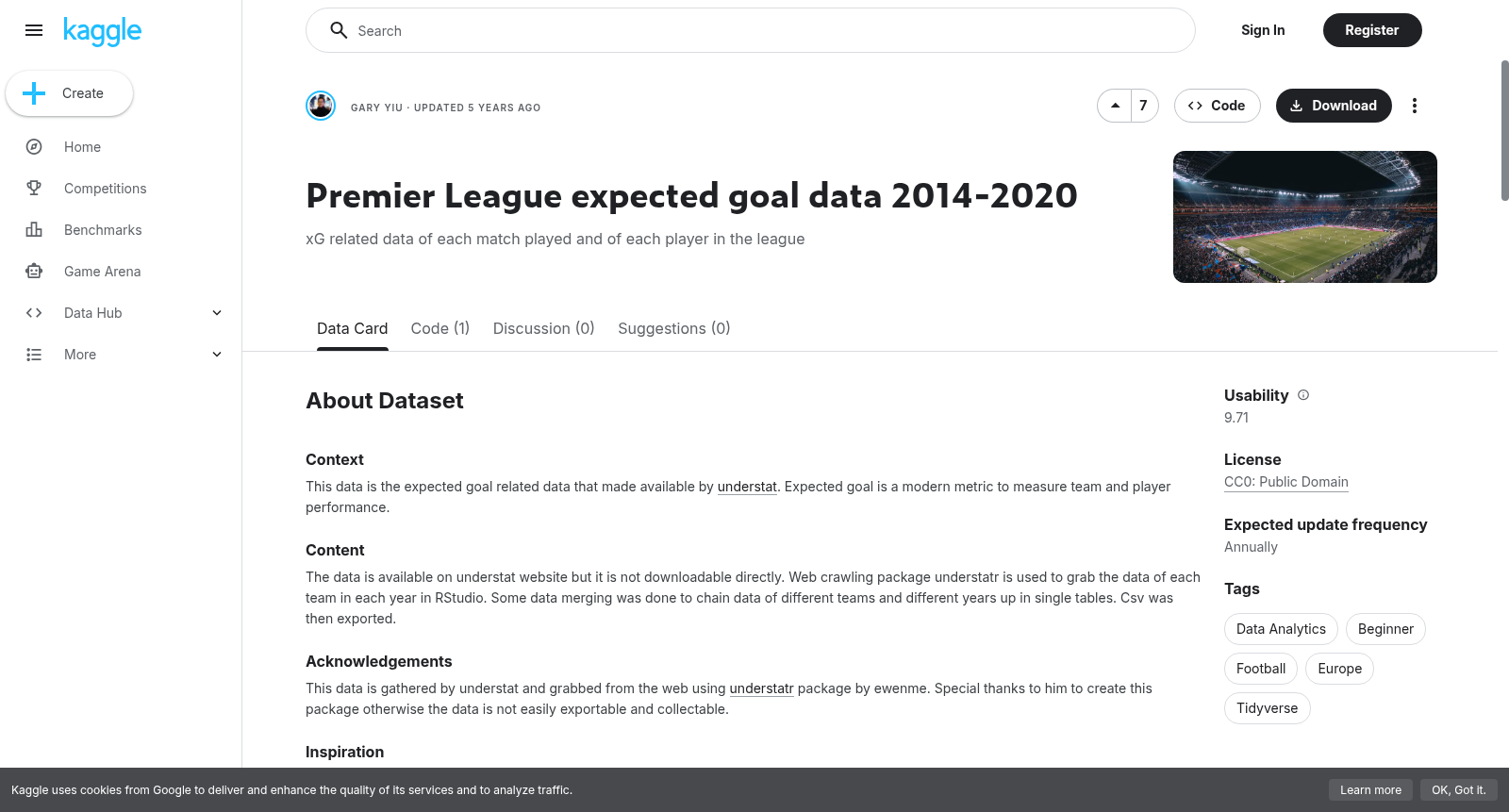 Premier League expected goal data 2014-2020 数据集图片
