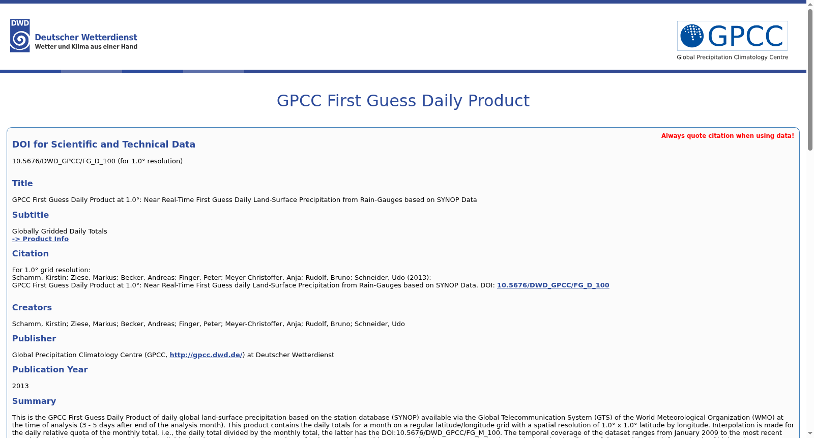 GPCC First Guess Daily Product at 1.0°: Near Real-Time First Guess Daily Land-Surface Precipitation from Rain-Gauges based on SYNOP Data 数据集图片