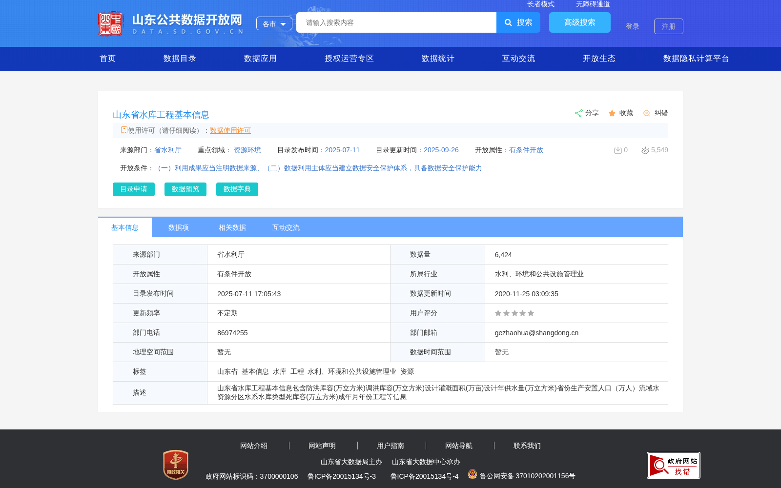 山东省水库工程基本信息 数据集图片