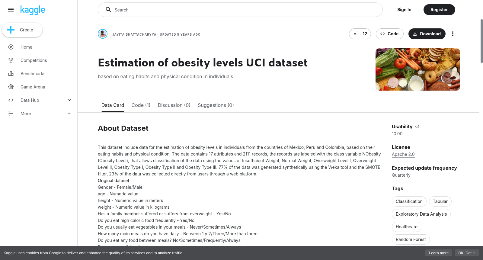 Estimation of obesity levels UCI dataset 数据集图片