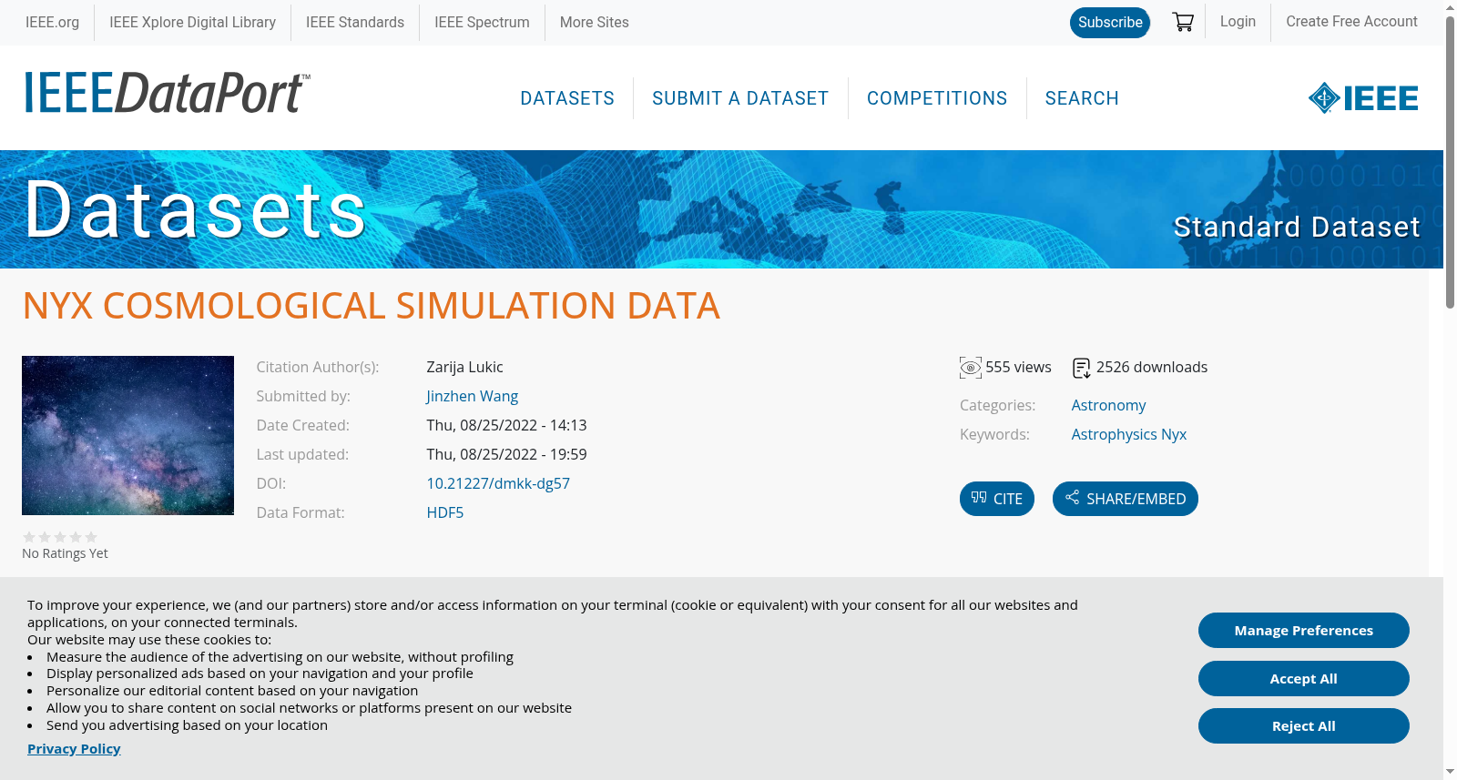 NYX COSMOLOGICAL SIMULATION DATA|宇宙学模拟数据集|流体动力学数据集
