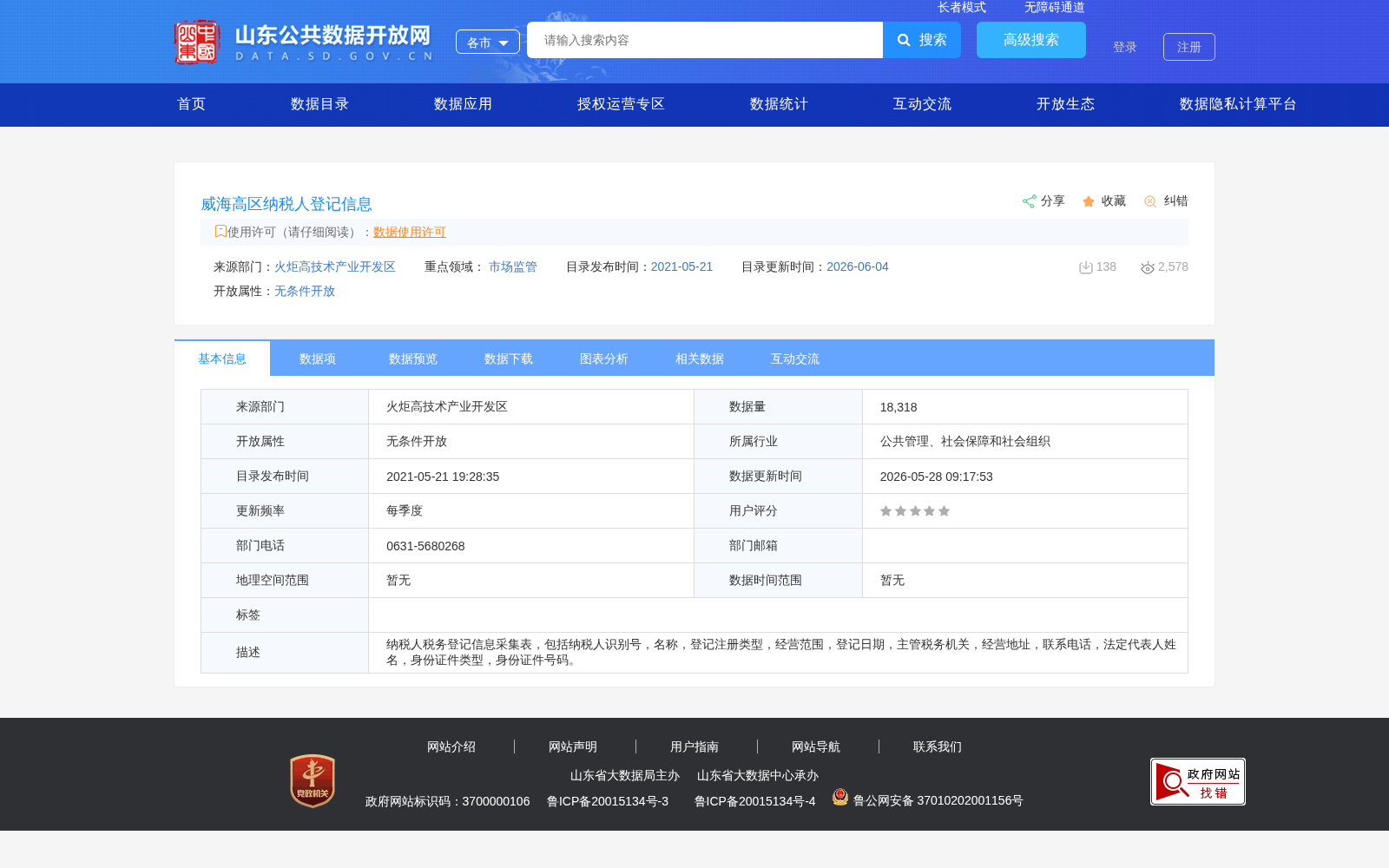 威海高区纳税人登记信息 数据集图片