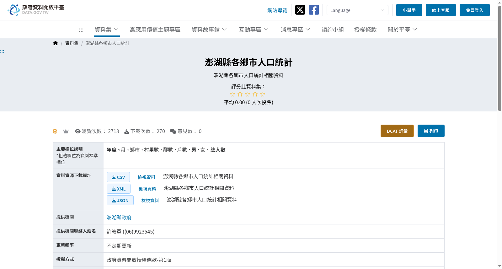澎湖縣各鄉市人口統計 数据集图片